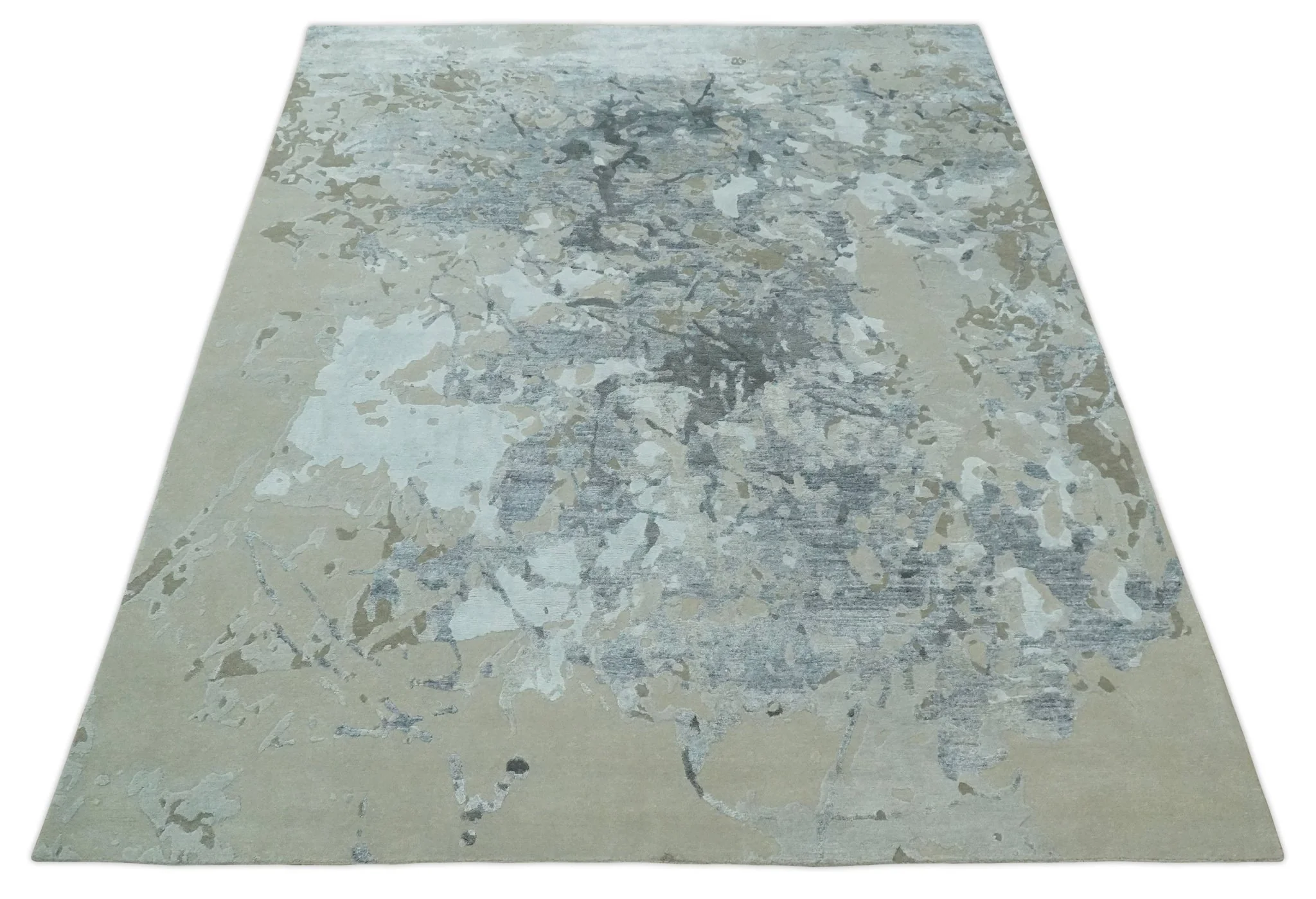 8x10 Beige, Ivory and Charcoal Modern Abstract Handmade Bamboo Silk Area Rug - Image 10