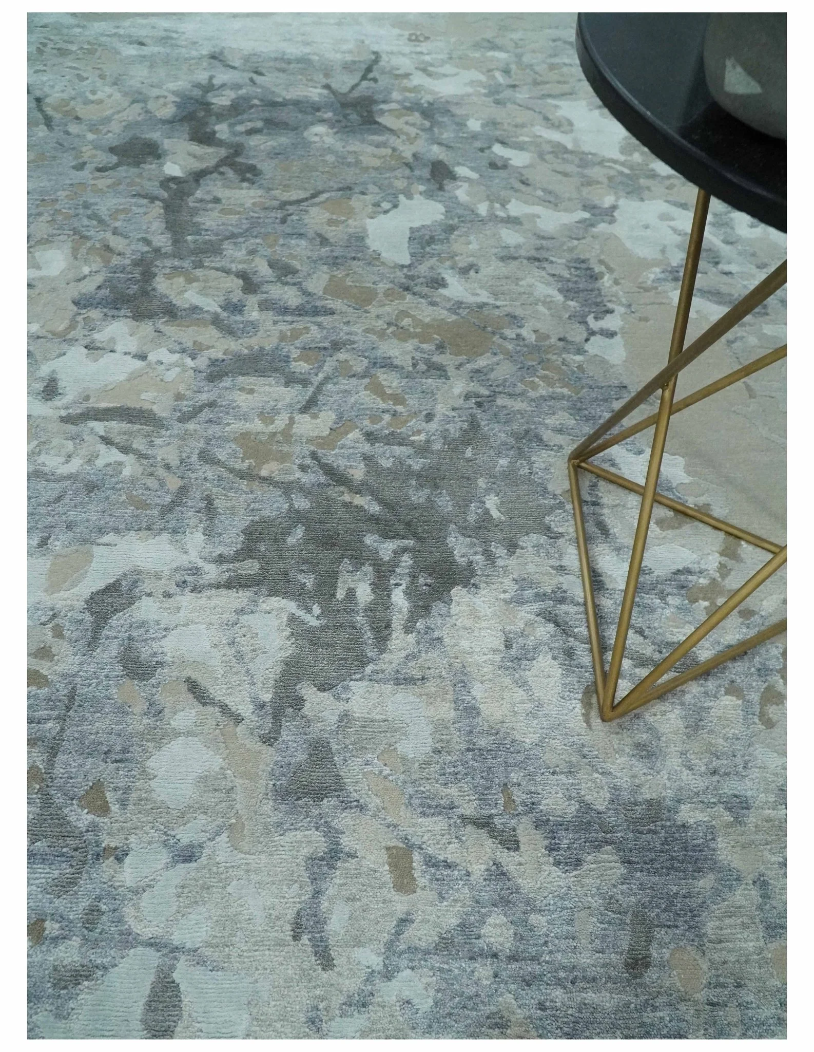 8x10 Beige, Ivory and Charcoal Modern Abstract Handmade Bamboo Silk Area Rug - Image 2