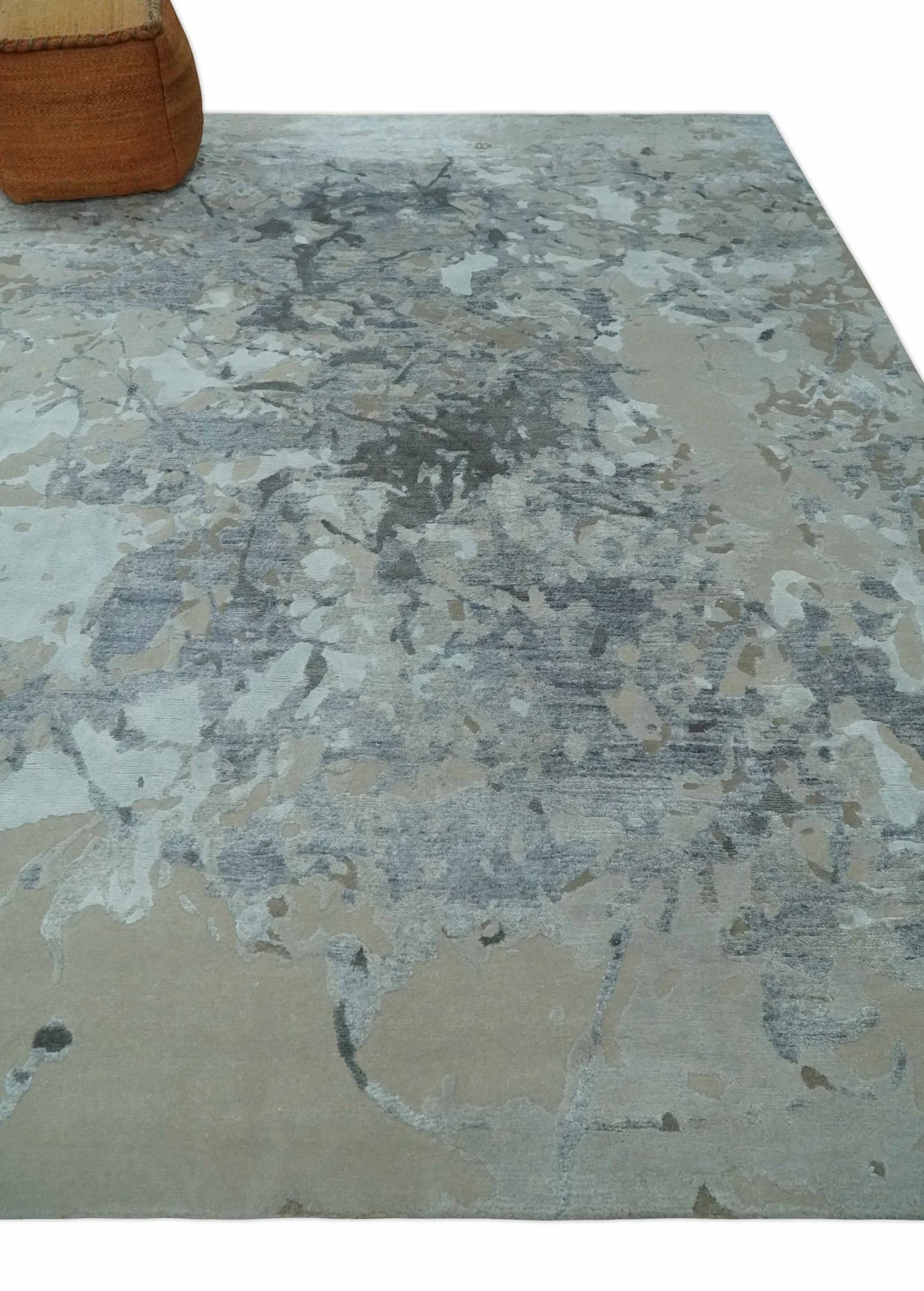 8x10 Beige, Ivory and Charcoal Modern Abstract Handmade Bamboo Silk Area Rug - Image 3