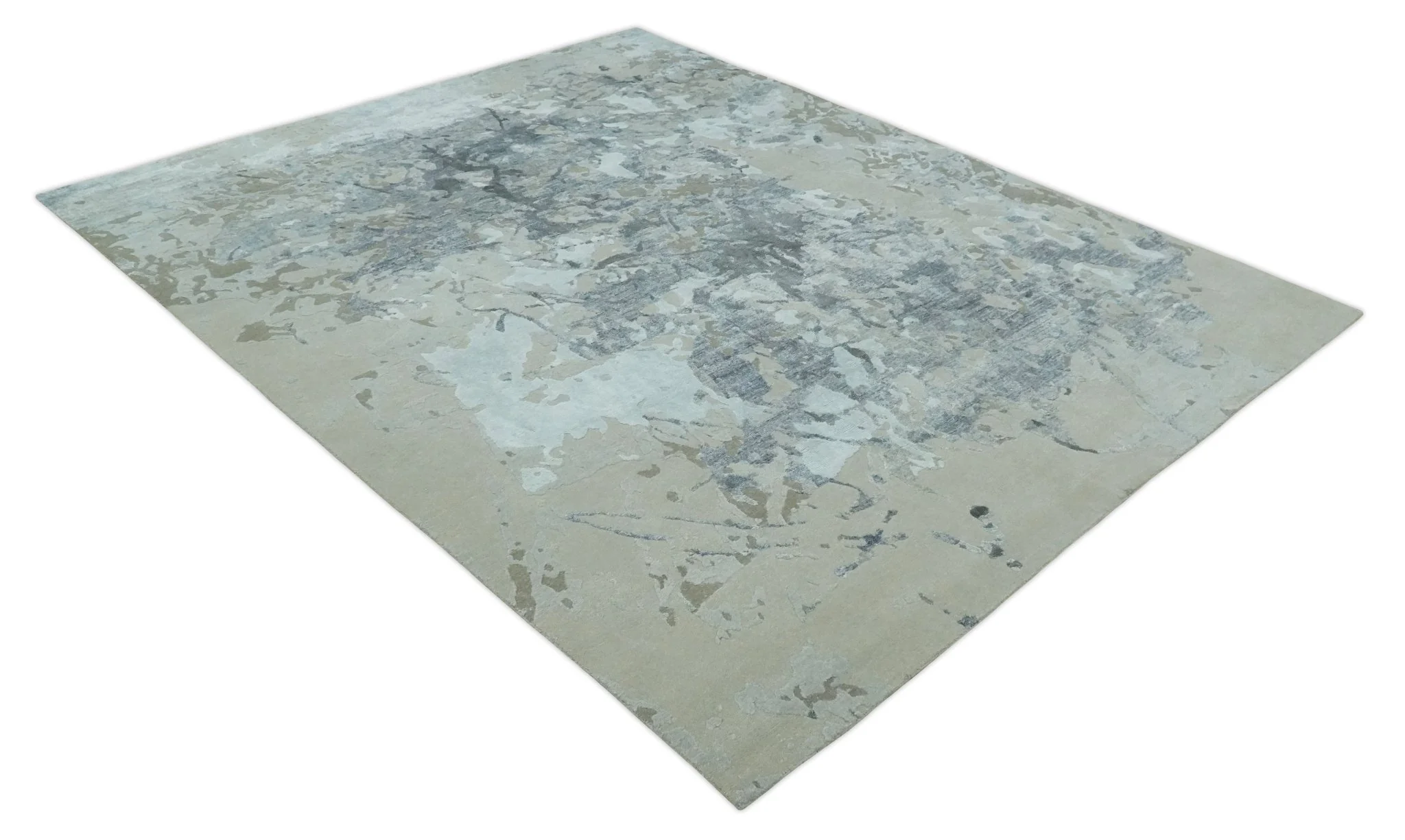 8x10 Beige, Ivory and Charcoal Modern Abstract Handmade Bamboo Silk Area Rug - Image 9