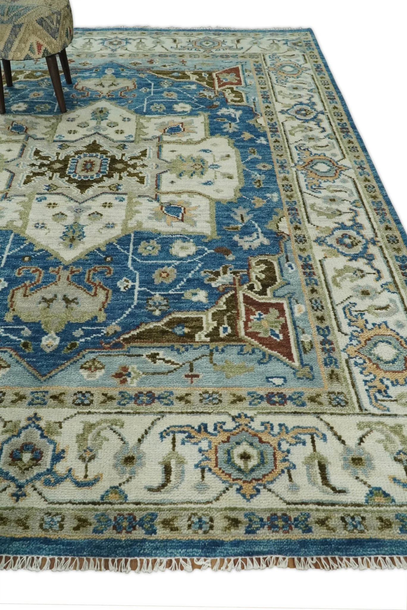 Blue and Ivory Wool Traditional Persian Antique Vintage Hand knotted Oushak Area Rug | TRDCP207 - Image 3