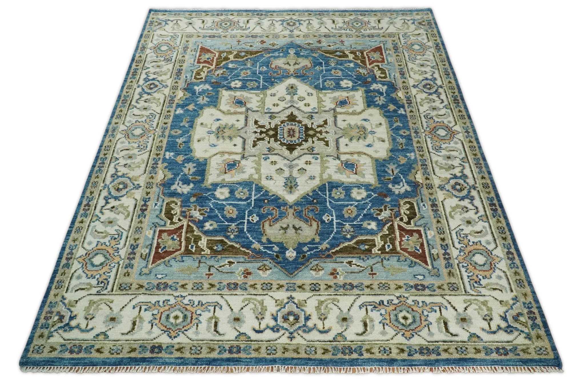 Blue and Ivory Wool Traditional Persian Antique Vintage Hand knotted Oushak Area Rug | TRDCP207 - Image 7