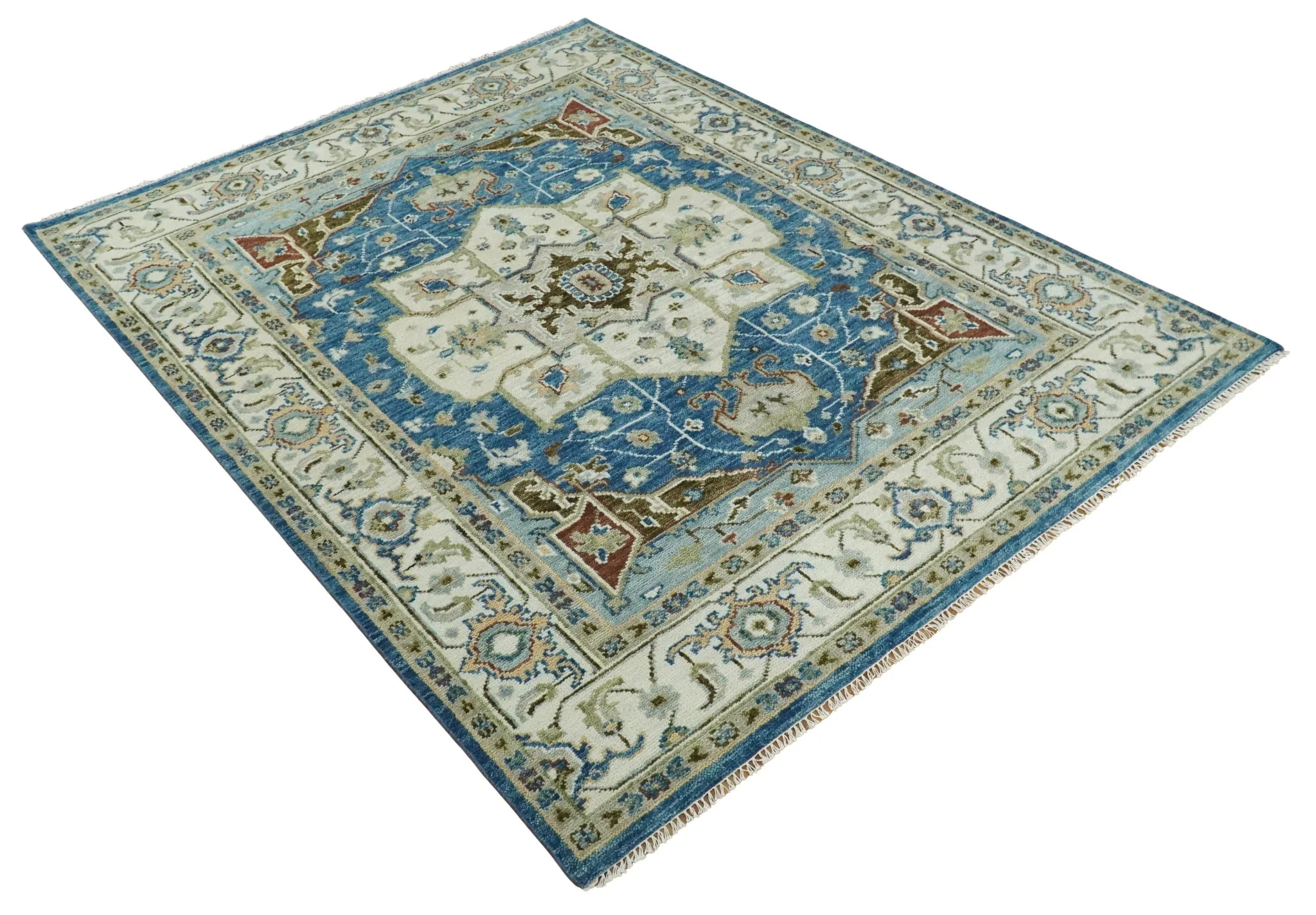 Blue and Ivory Wool Traditional Persian Antique Vintage Hand knotted Oushak Area Rug | TRDCP207 - Image 8