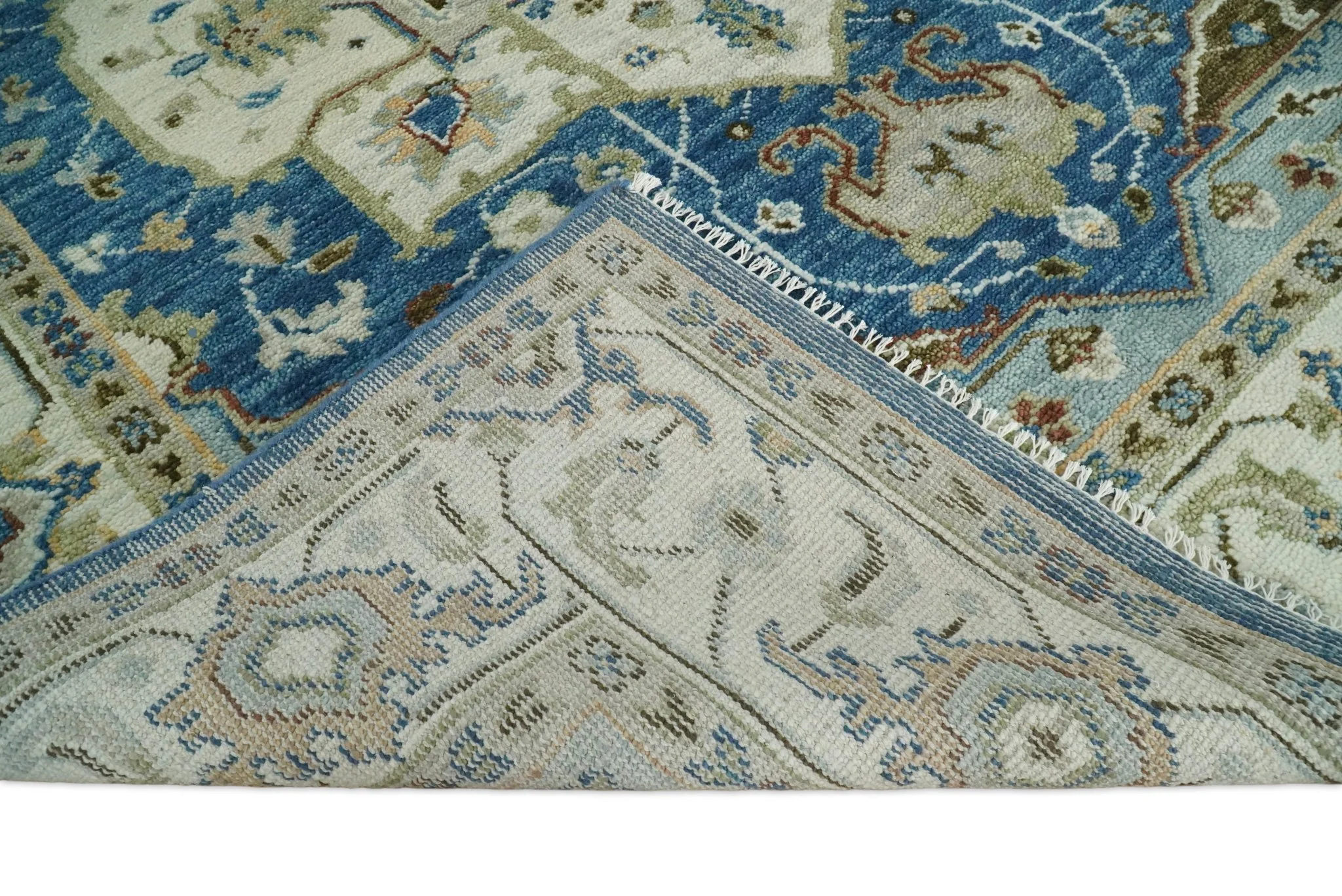 Blue and Ivory Wool Traditional Persian Antique Vintage Hand knotted Oushak Area Rug | TRDCP207 - Image 9