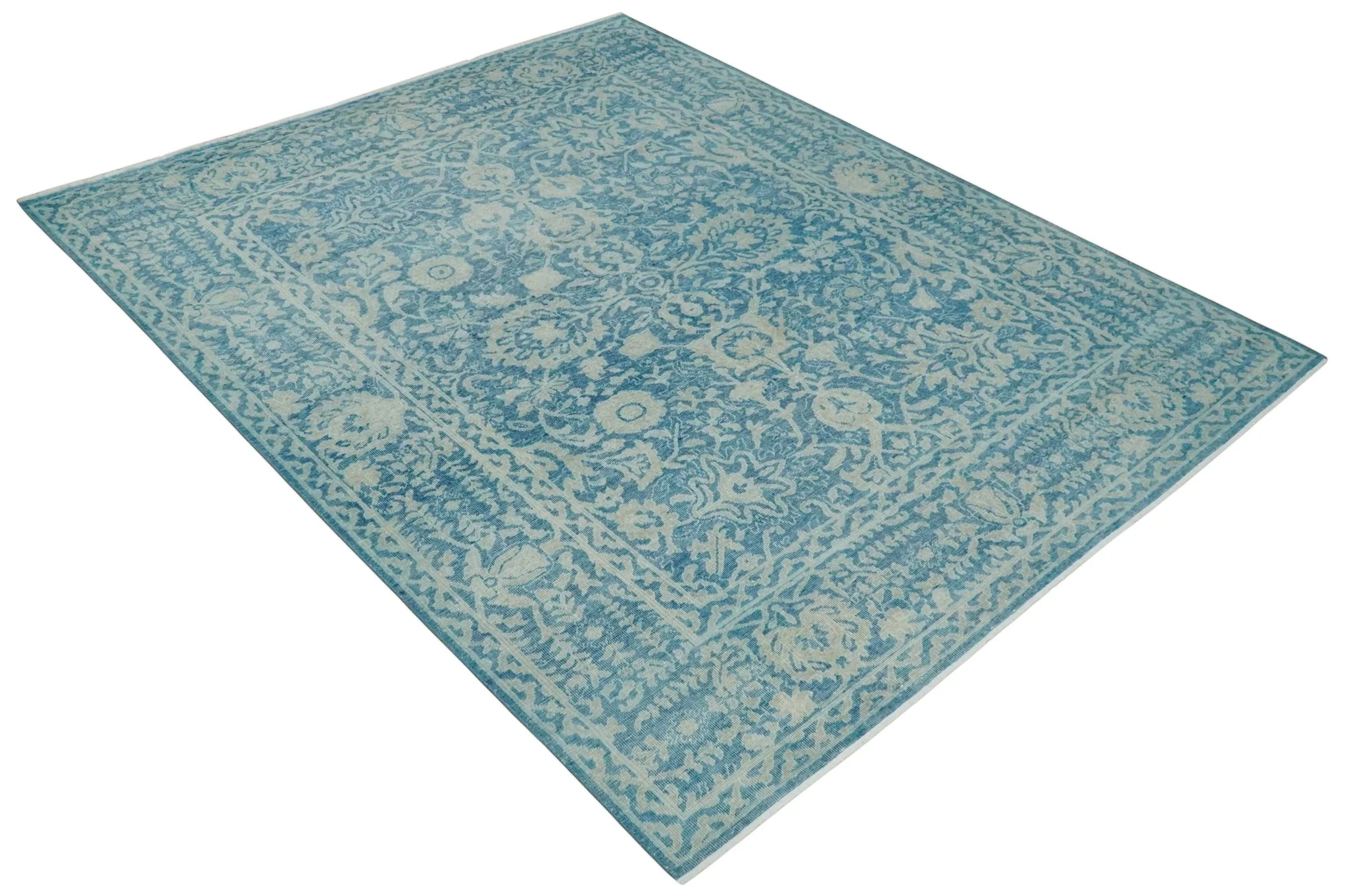 8x10 Blue and Camel Distressed Finish Low Pile Traditional Hand Knotted Wool Rug - Image 10