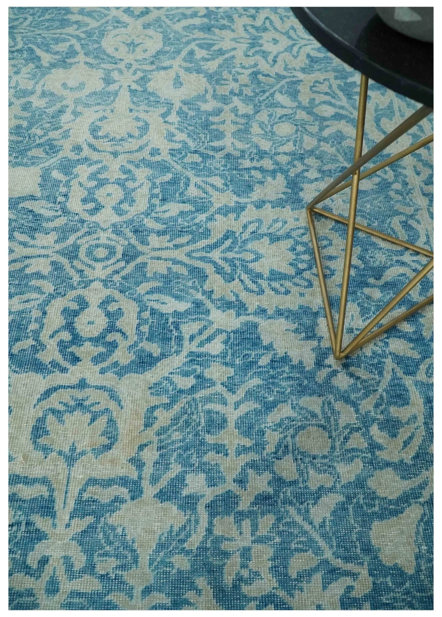 8x10 Blue and Camel Distressed Finish Low Pile Traditional Hand Knotted Wool Rug - Image 2