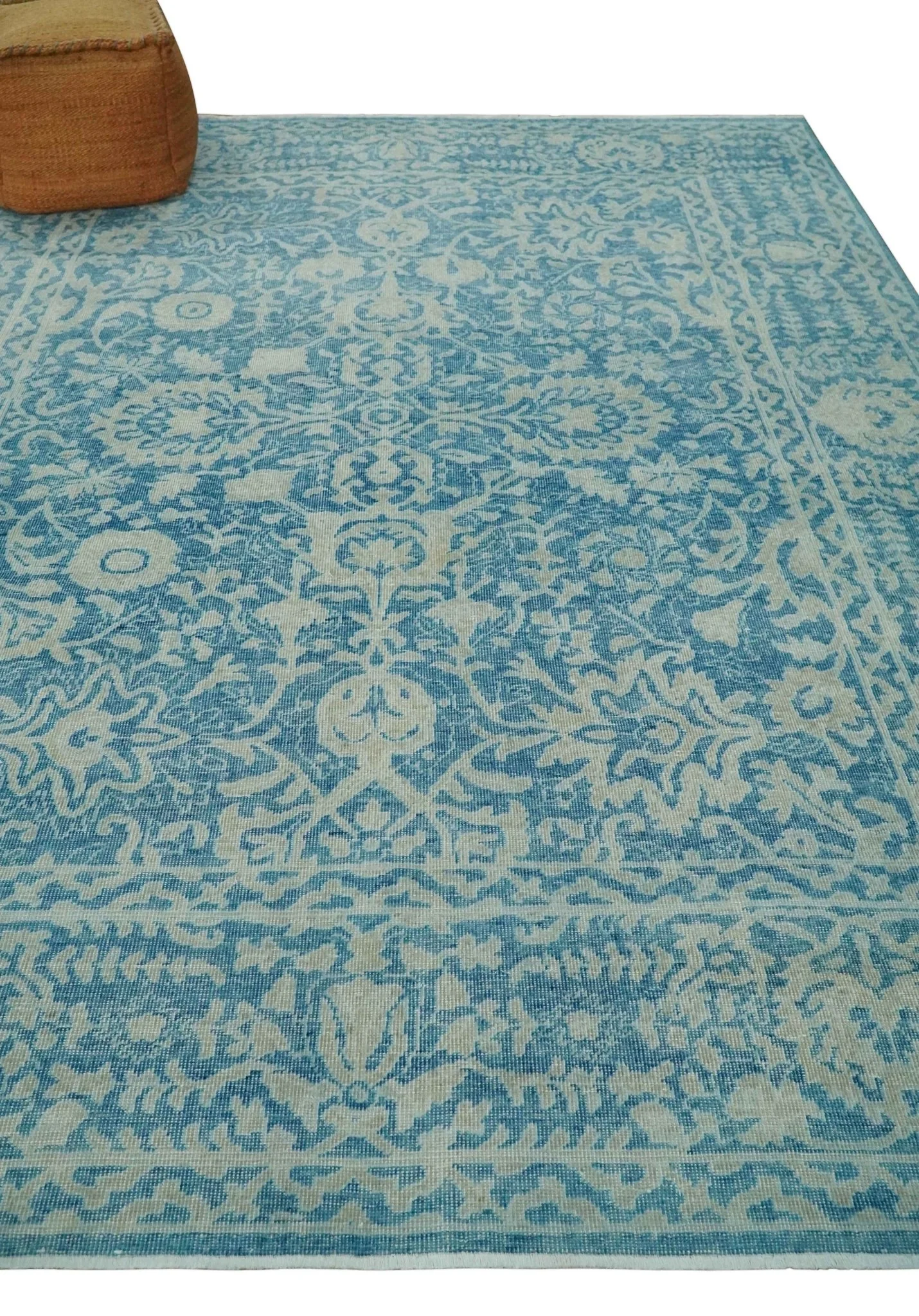 8x10 Blue and Camel Distressed Finish Low Pile Traditional Hand Knotted Wool Rug - Image 3