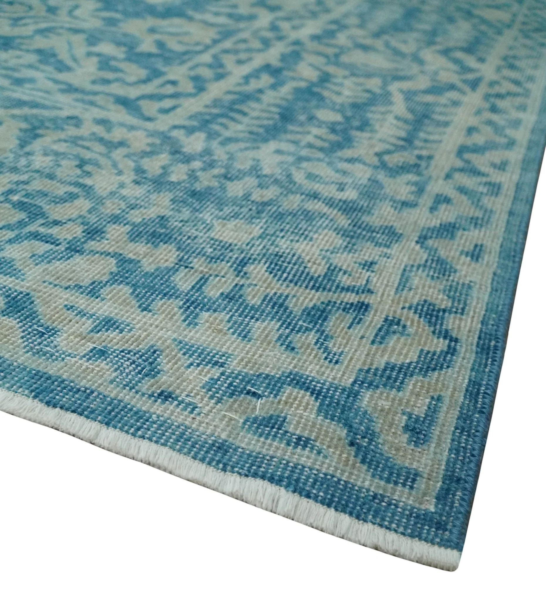 8x10 Blue and Camel Distressed Finish Low Pile Traditional Hand Knotted Wool Rug - Image 5