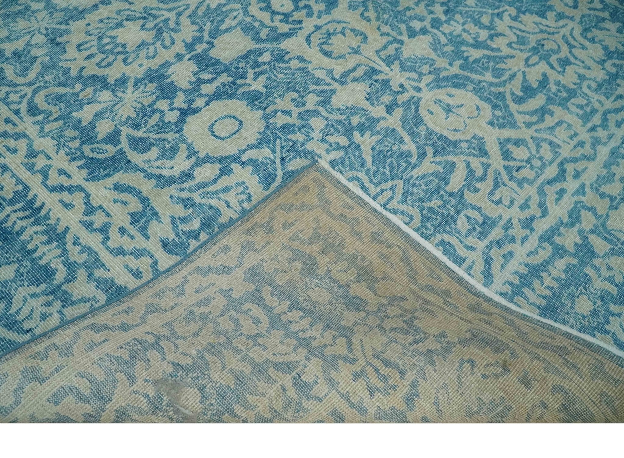 8x10 Blue and Camel Distressed Finish Low Pile Traditional Hand Knotted Wool Rug - Image 6