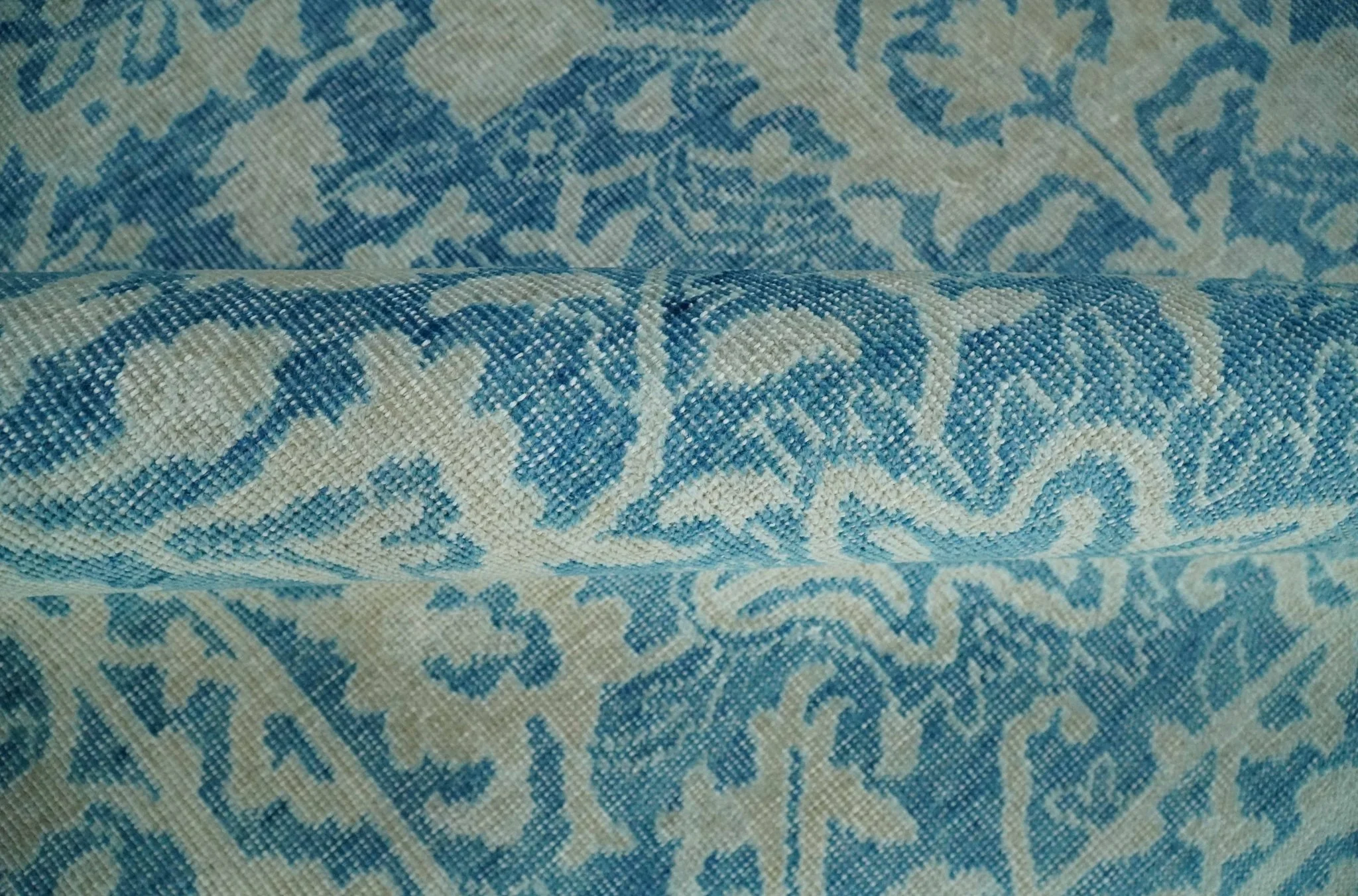 8x10 Blue and Camel Distressed Finish Low Pile Traditional Hand Knotted Wool Rug - Image 8