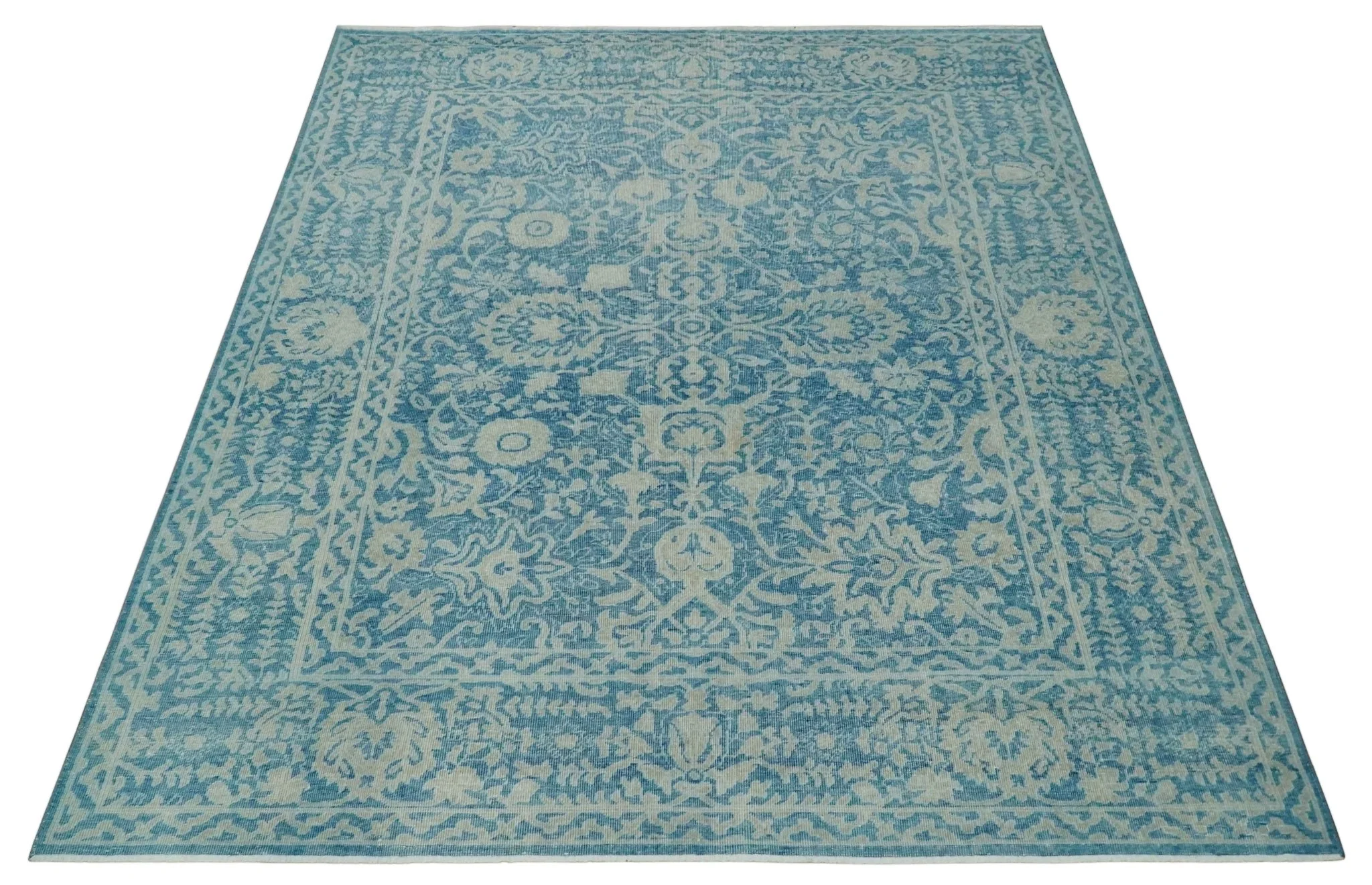 8x10 Blue and Camel Distressed Finish Low Pile Traditional Hand Knotted Wool Rug - Image 9