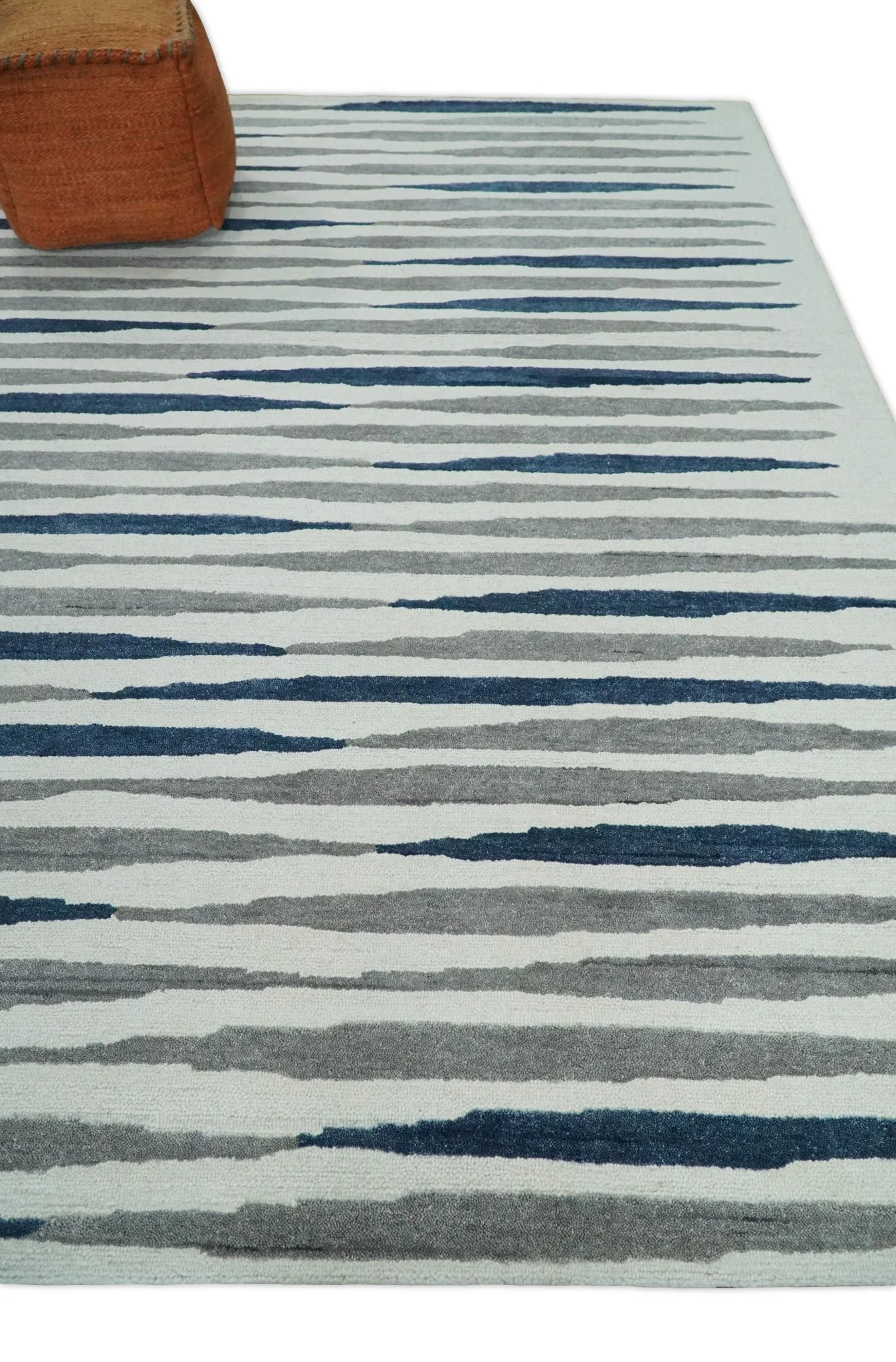 8x10 White, Blue and Camel Hand Tufted Modern Scandinavian Stripe Wool Area Rug | YUK3 - Image 3
