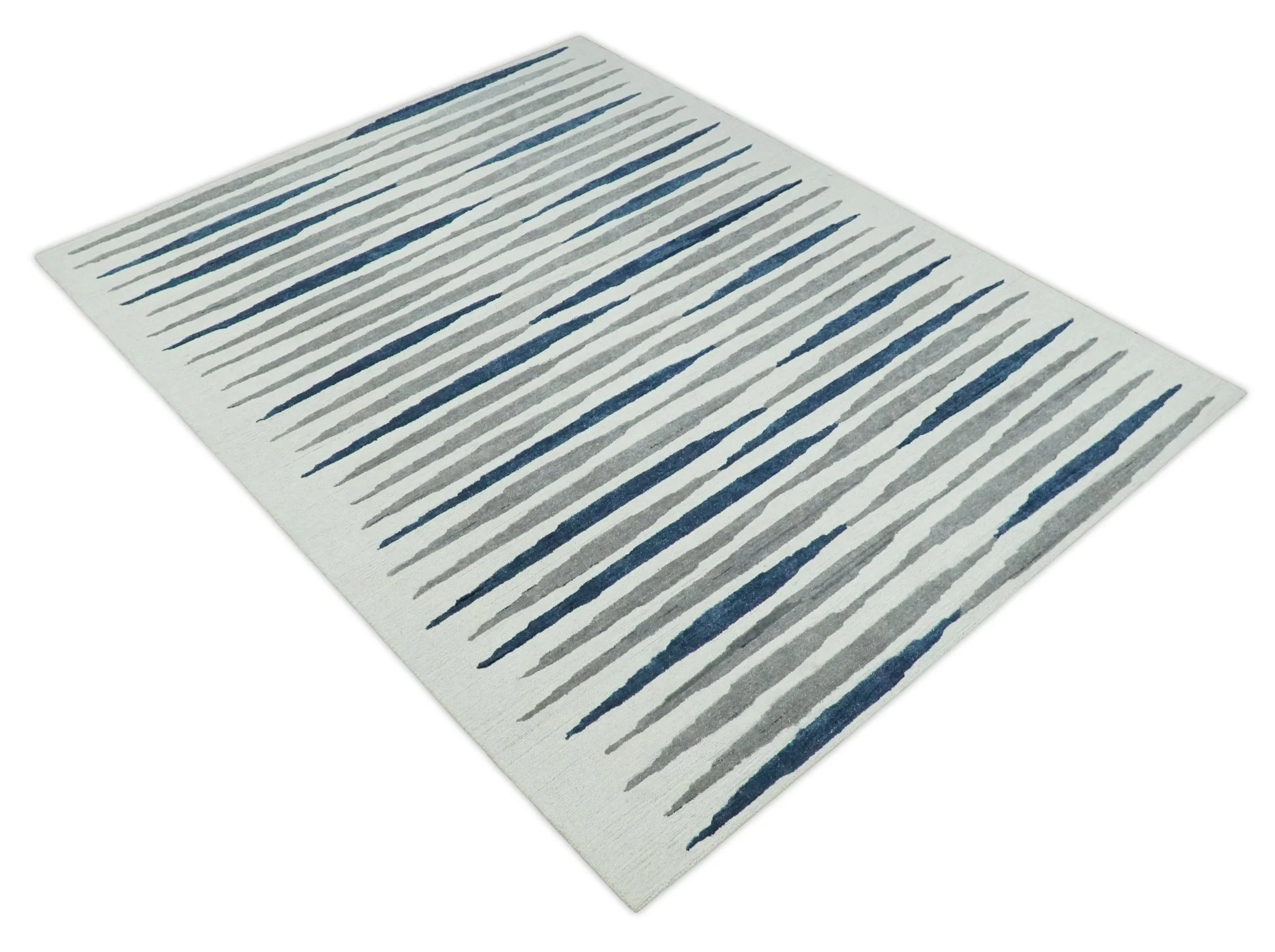 8x10 White, Blue and Camel Hand Tufted Modern Scandinavian Stripe Wool Area Rug | YUK3 - Image 4