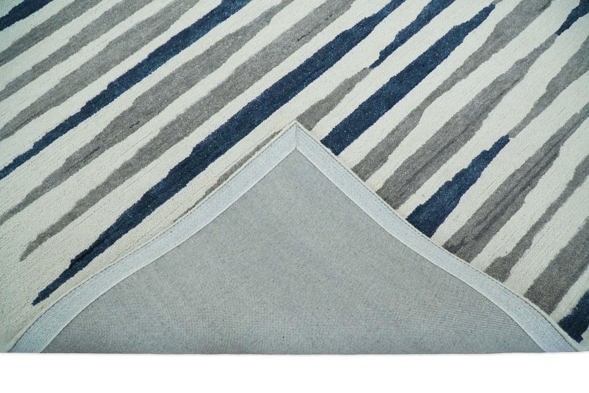 8x10 White, Blue and Camel Hand Tufted Modern Scandinavian Stripe Wool Area Rug | YUK3 - Image 6