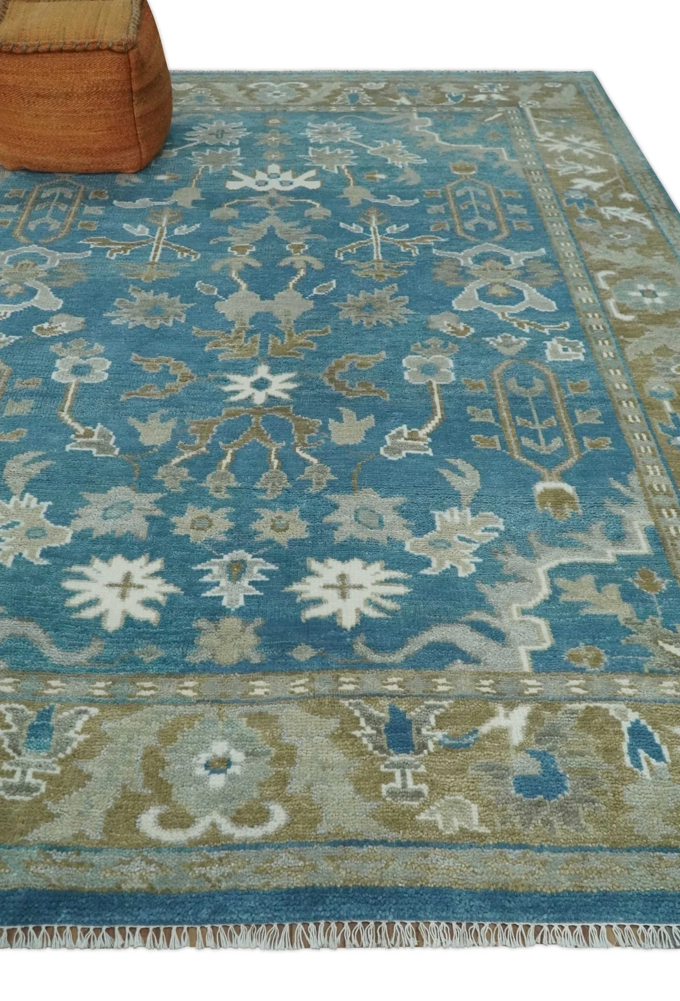Antique Blue and Brown Persian Oushak Multi Size wool Area Rug - Image 3