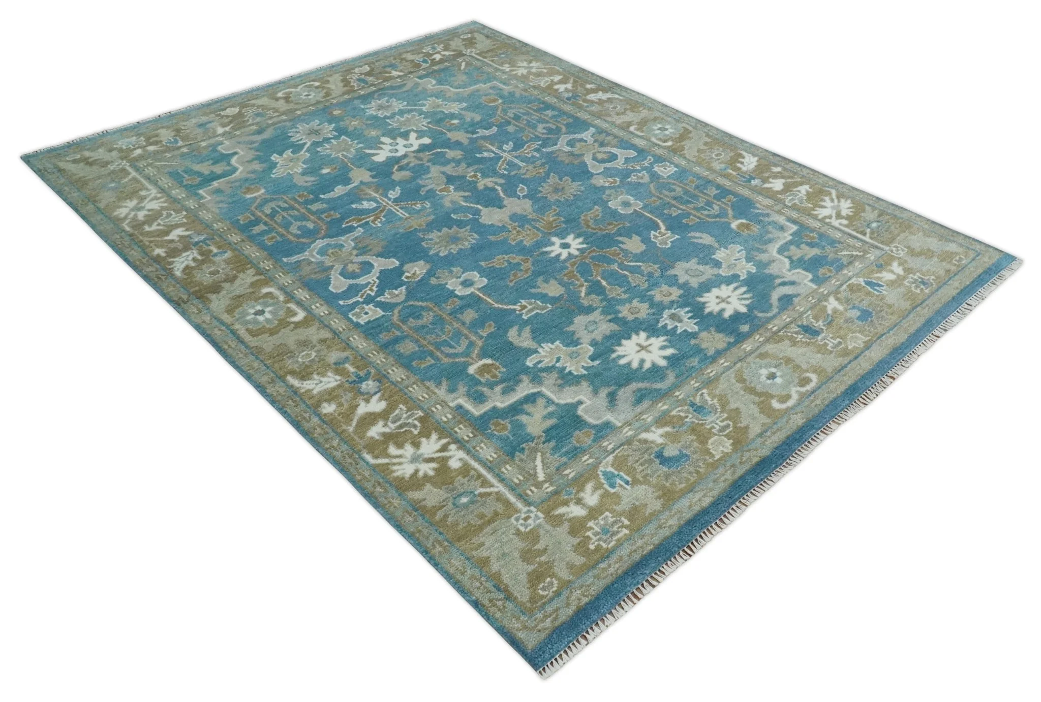 Antique Blue and Brown Persian Oushak Multi Size wool Area Rug - Image 9