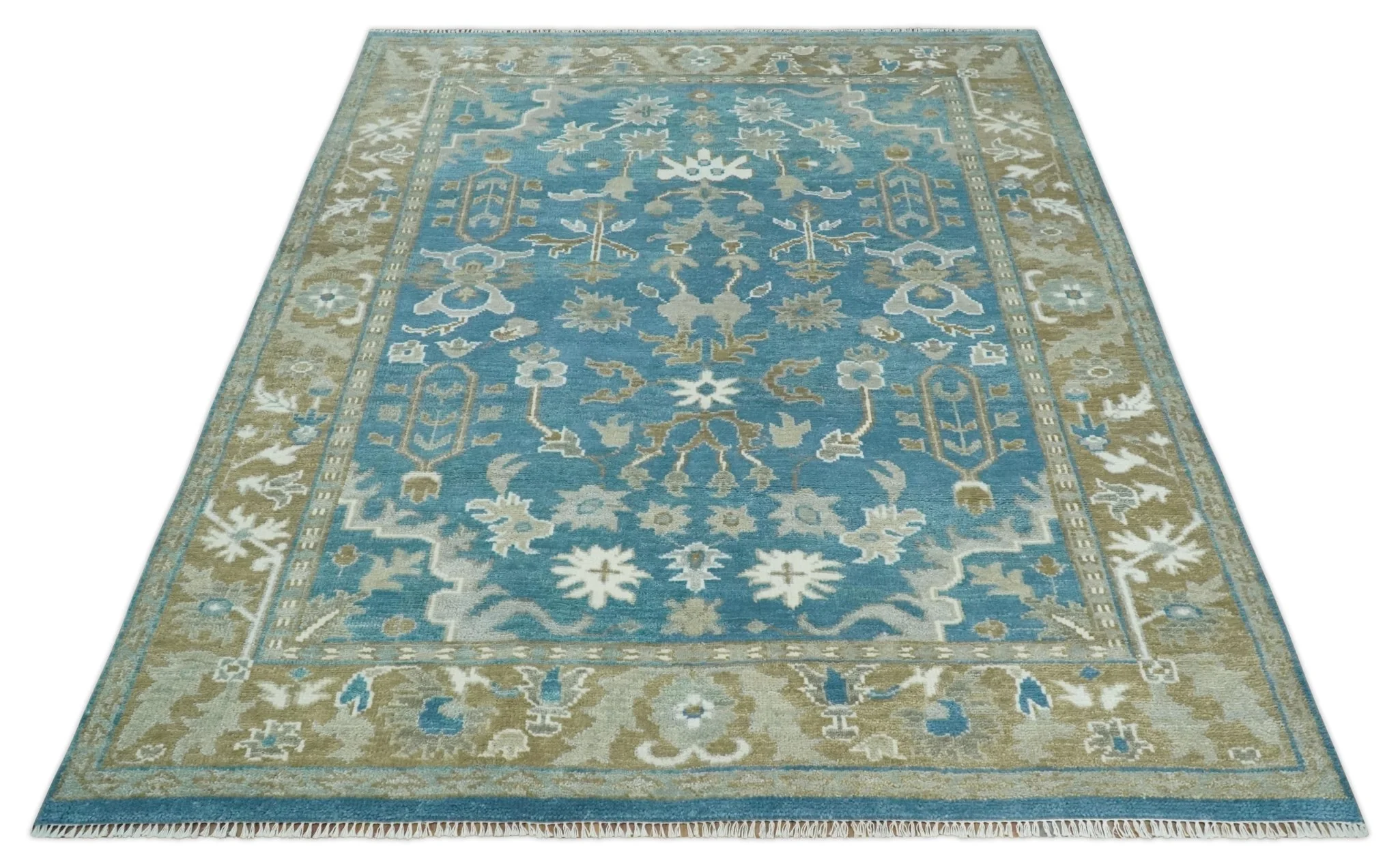 8x10 Blue and Olive Traditional Oushak Wool Rug, Large Patterns - Image 10