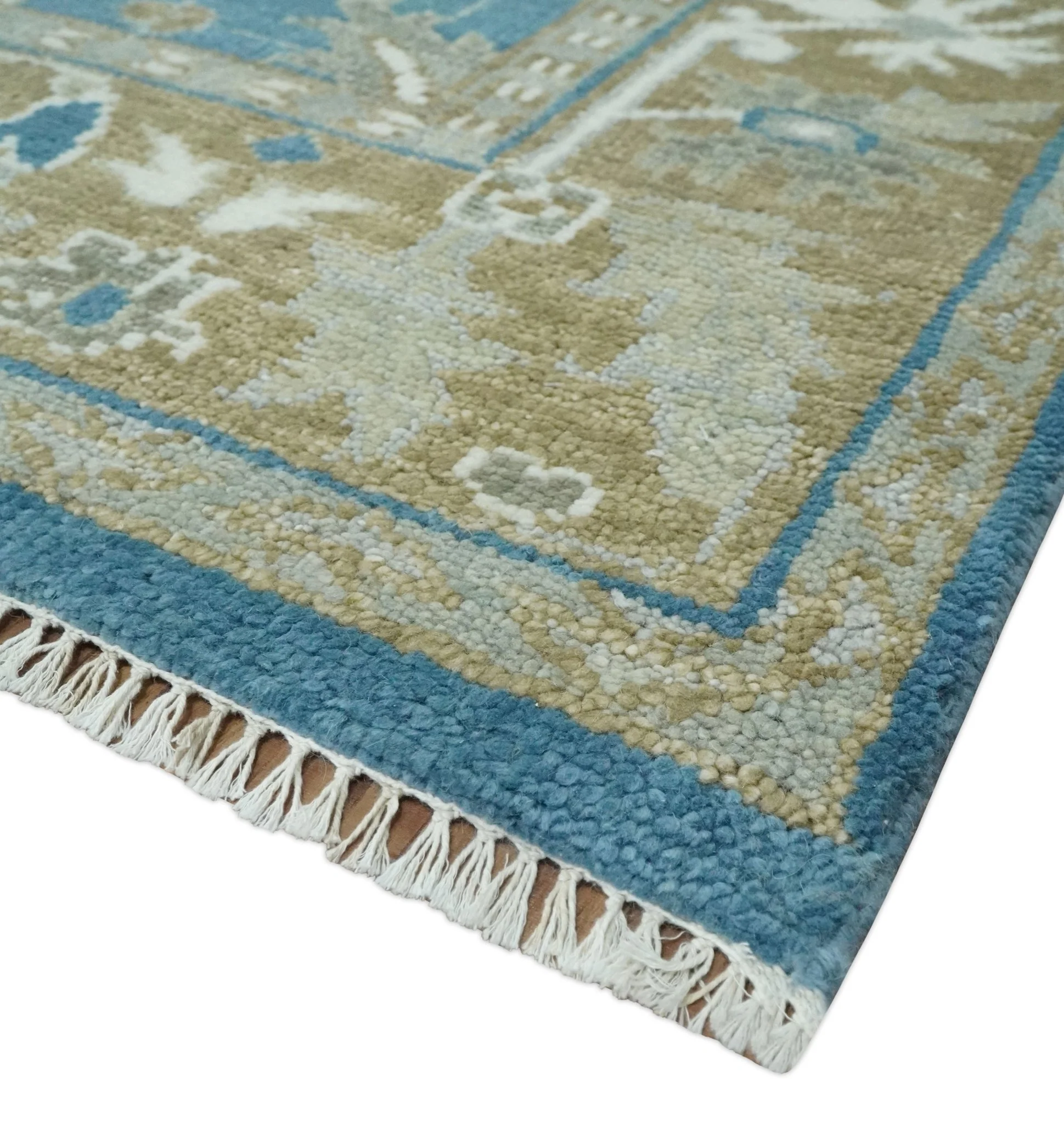 8x10 Blue and Olive Traditional Oushak Wool Rug, Large Patterns - Image 5