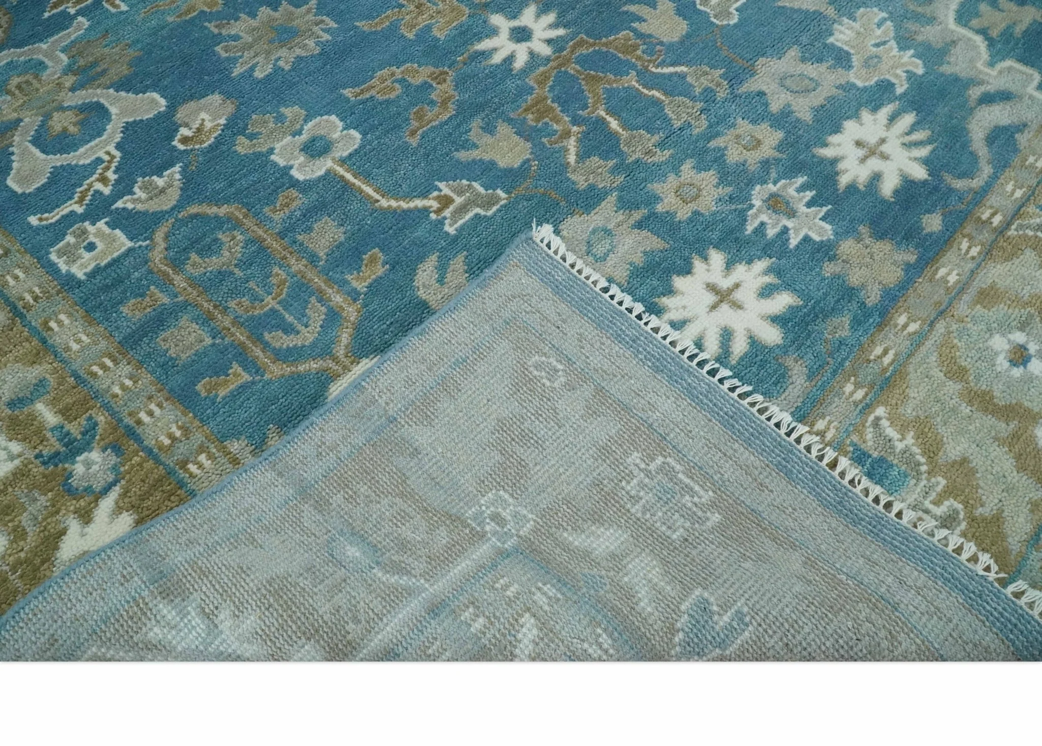 8x10 Blue and Olive Traditional Oushak Wool Rug, Large Patterns - Image 7
