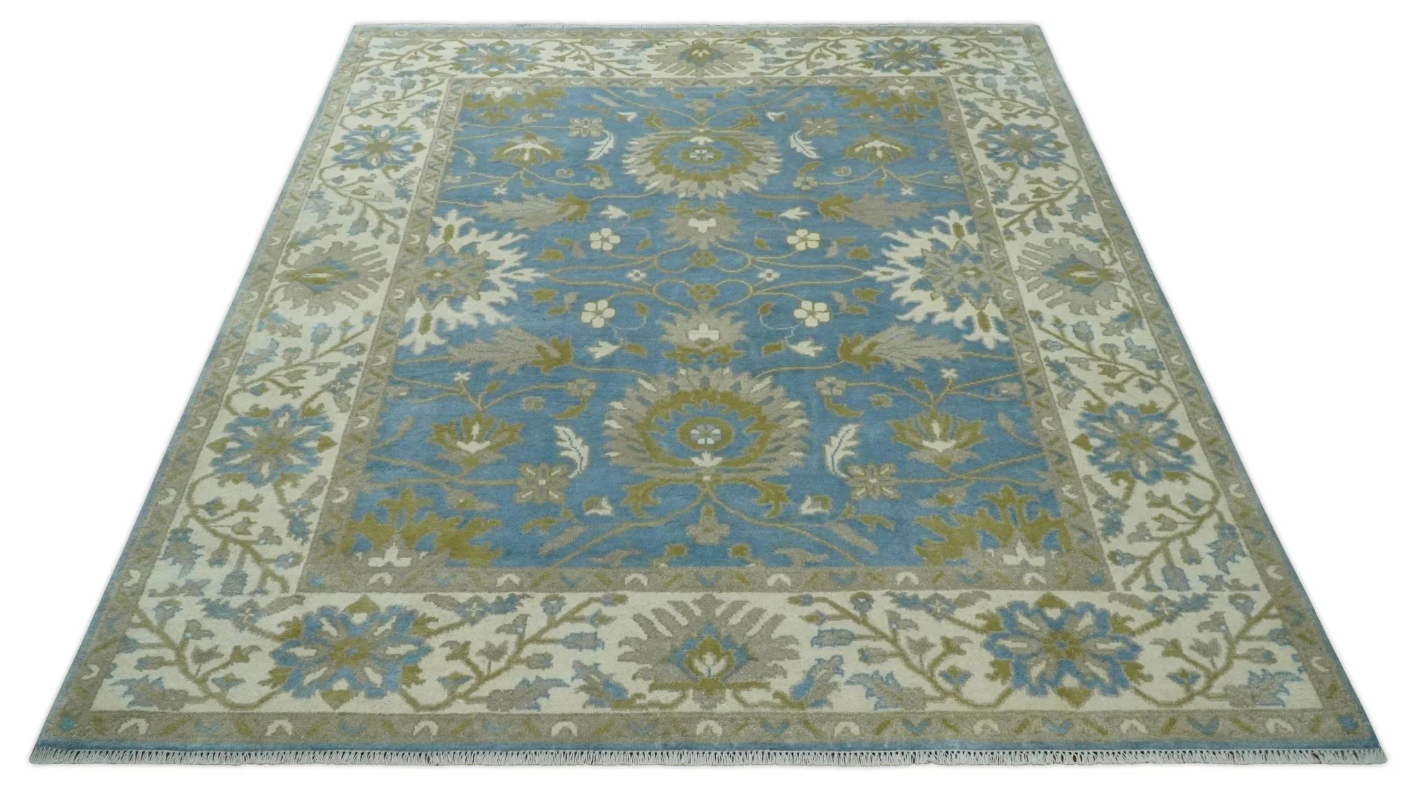 8x10 Blue, Ivory and Olive Hand Knotted Heriz Serapi Floral Area Rug | TRDCP1181810 - Image 10
