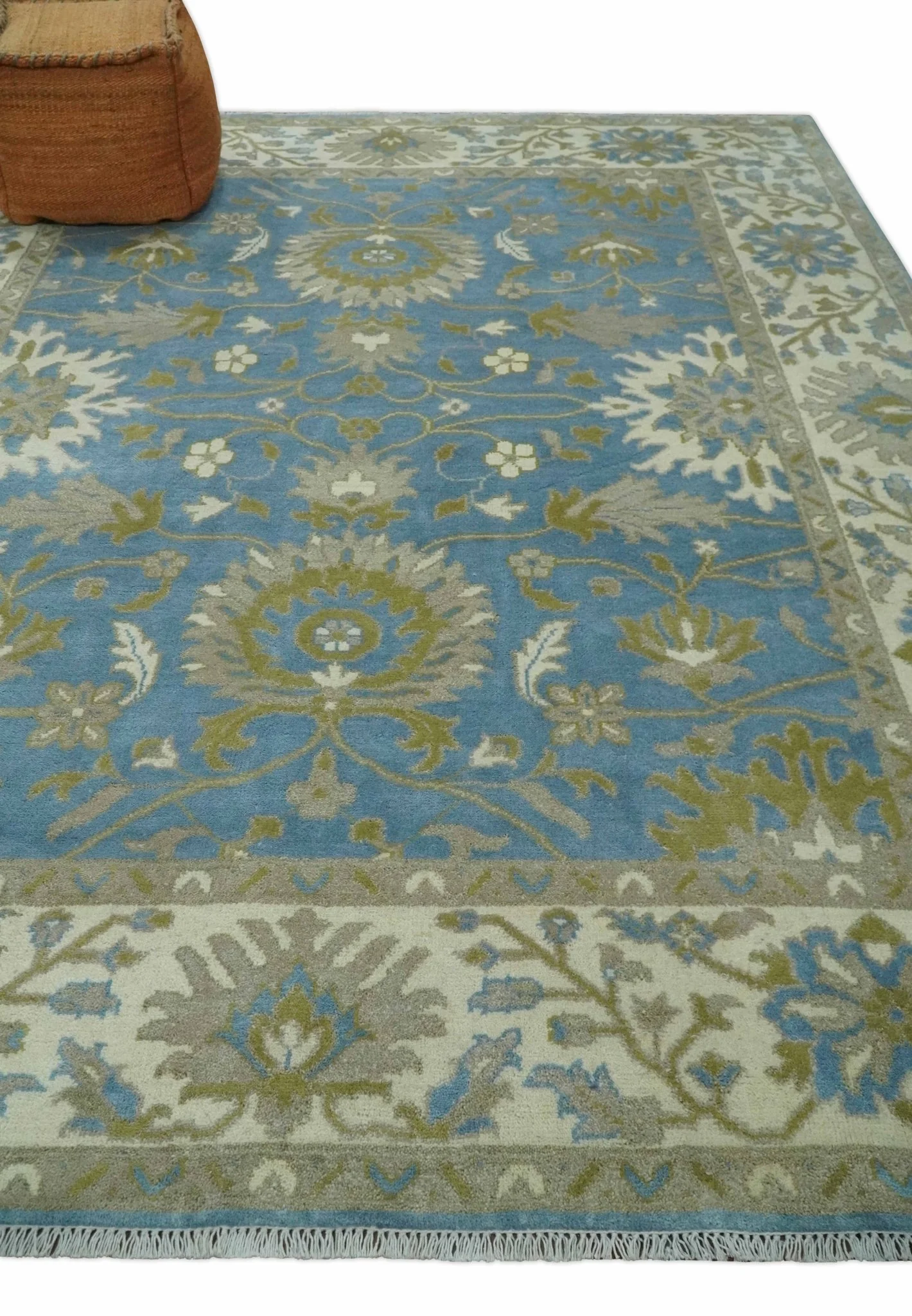 8x10 Blue, Ivory and Olive Hand Knotted Heriz Serapi Floral Area Rug | TRDCP1181810 - Image 3