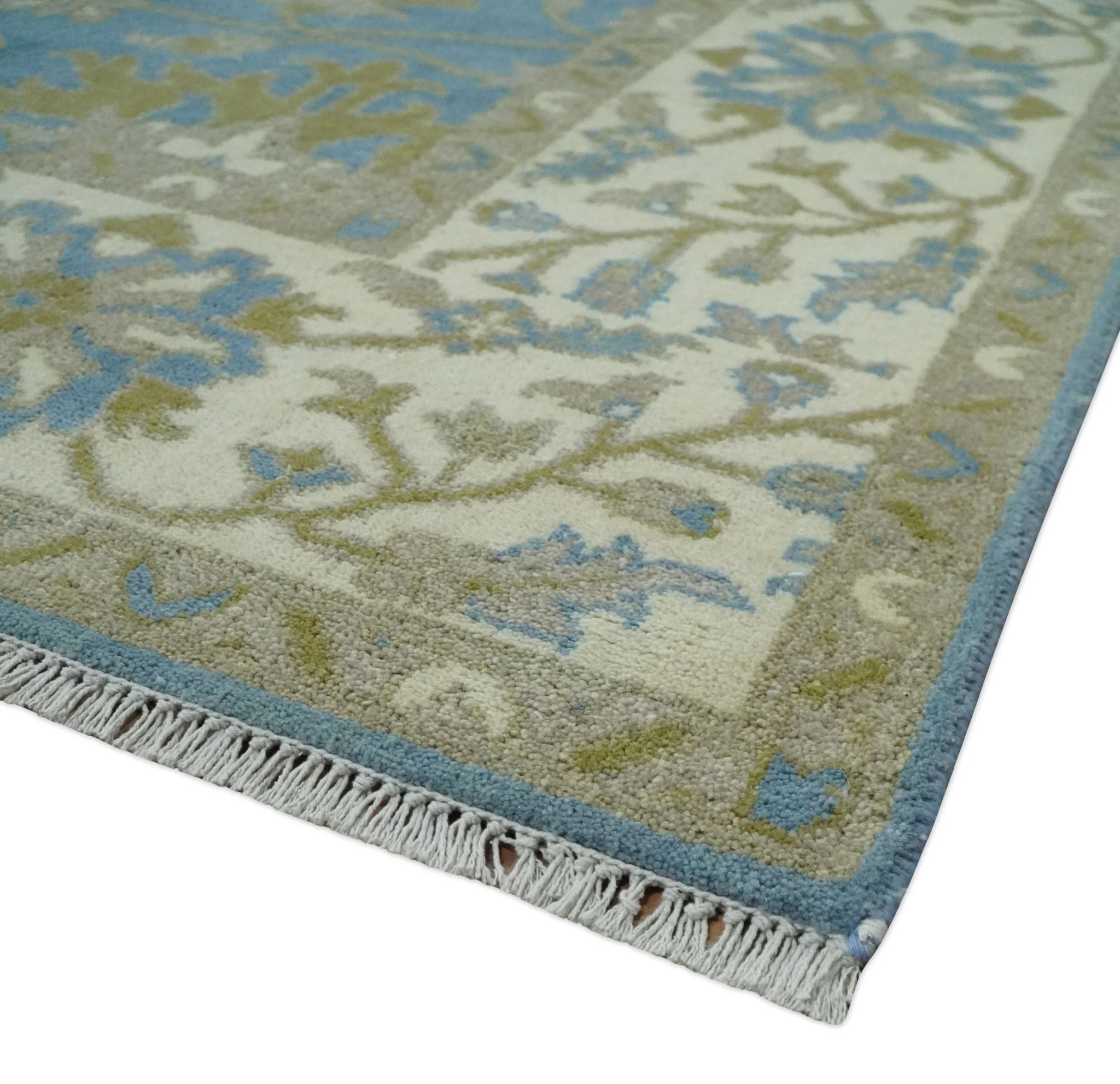 8x10 Blue, Ivory and Olive Hand Knotted Heriz Serapi Floral Area Rug | TRDCP1181810 - Image 5