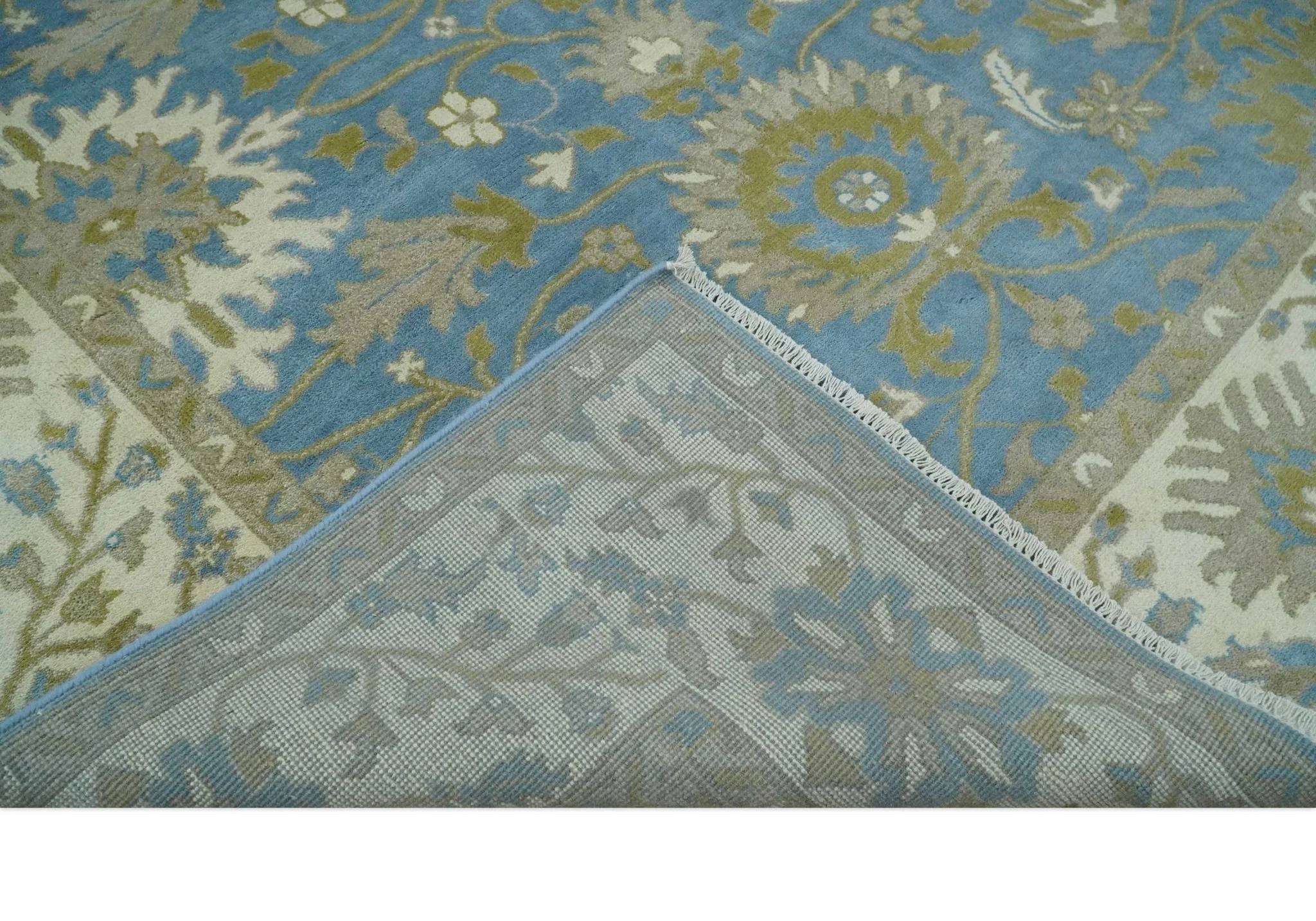8x10 Blue, Ivory and Olive Hand Knotted Heriz Serapi Floral Area Rug | TRDCP1181810 - Image 7