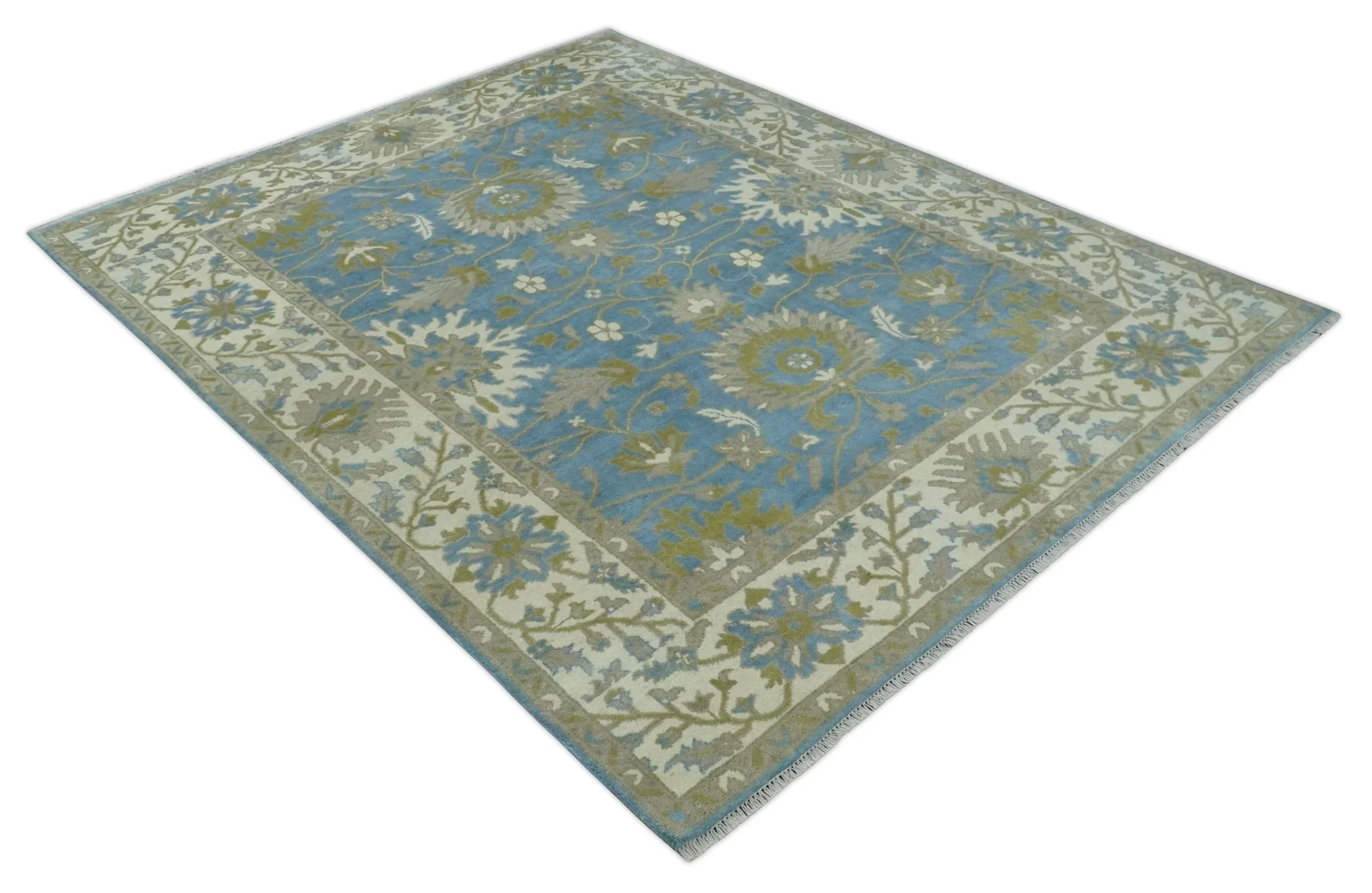 8x10 Blue, Ivory and Olive Hand Knotted Heriz Serapi Floral Area Rug | TRDCP1181810 - Image 9