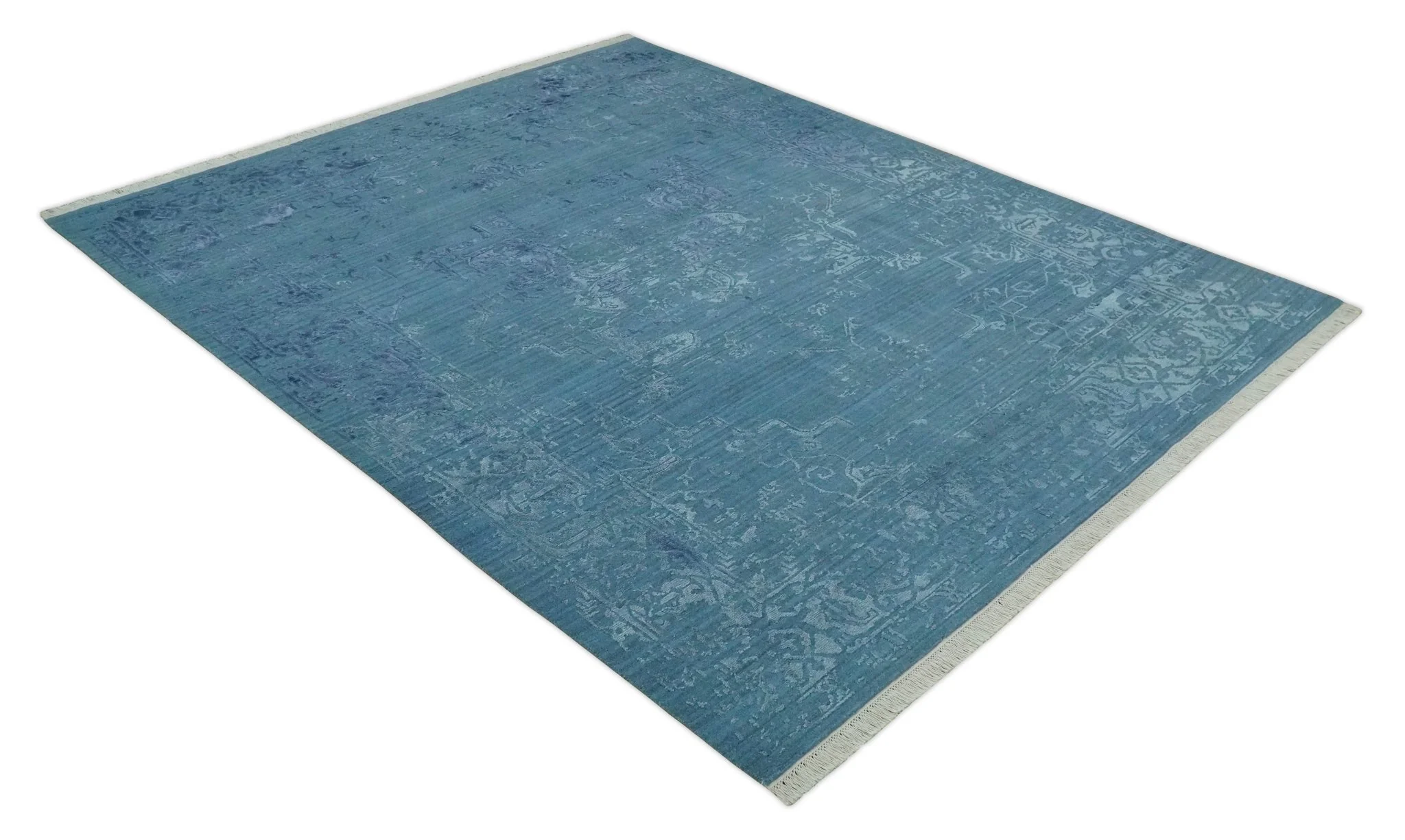 8x10 Blue Gray, Violet and Silver Traditional Handmade Wool and Art Silk Area Rug - Image 10
