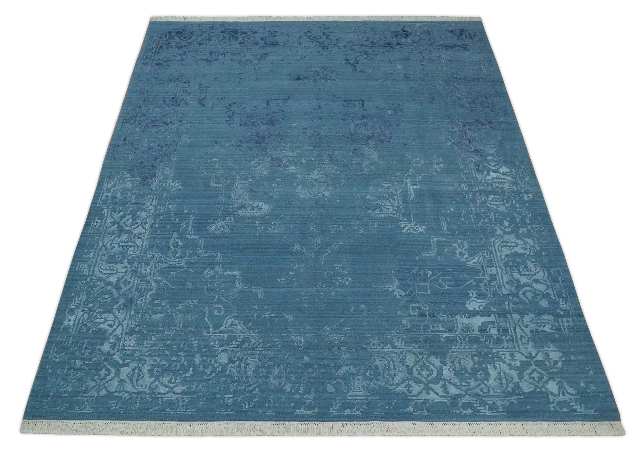 8x10 Blue Gray, Violet and Silver Traditional Handmade Wool and Art Silk Area Rug - Image 9