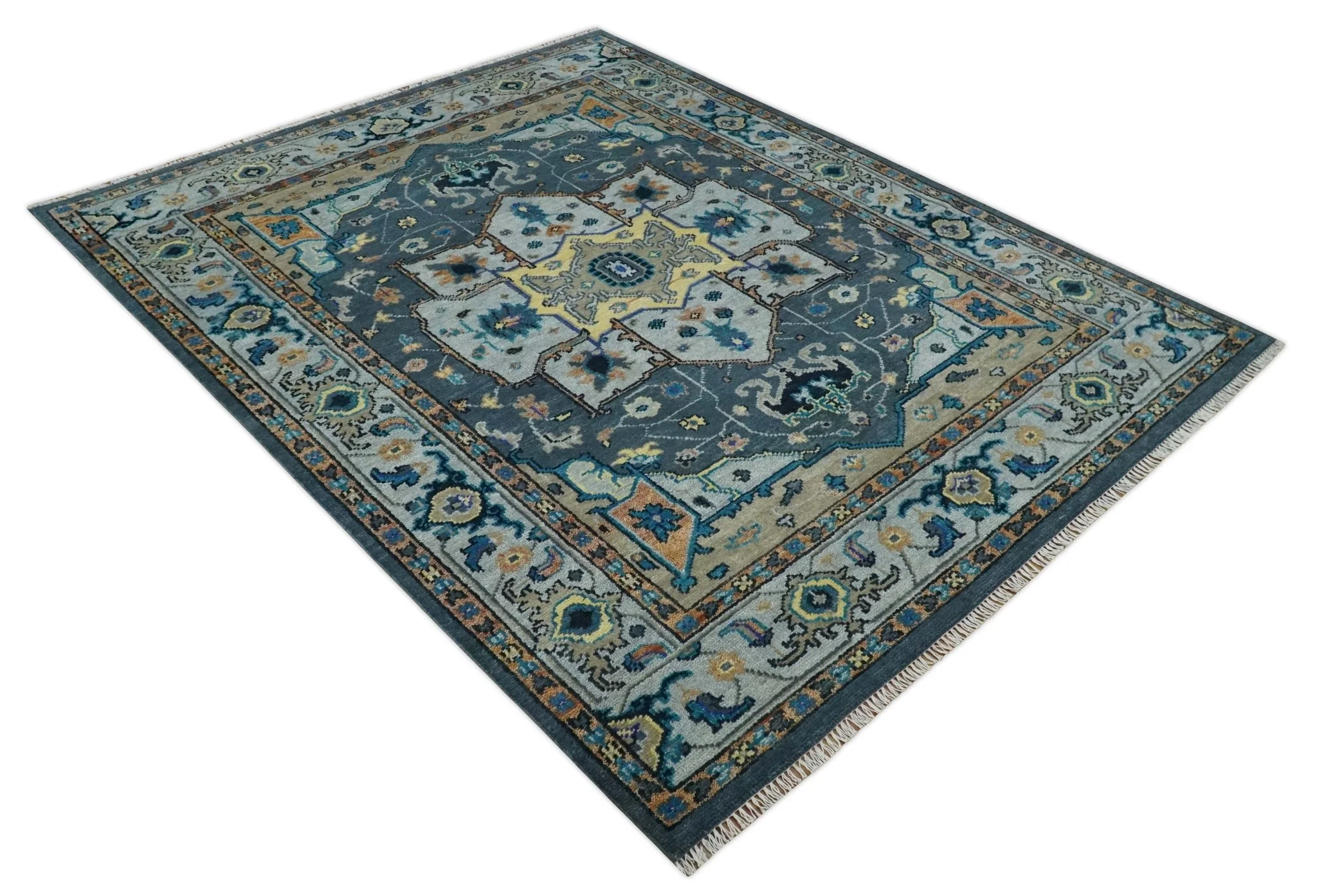 8x10 Blue, Silver and Beige Hand Knotted Traditional Heriz Serapi Wool Area Rug - Image 10