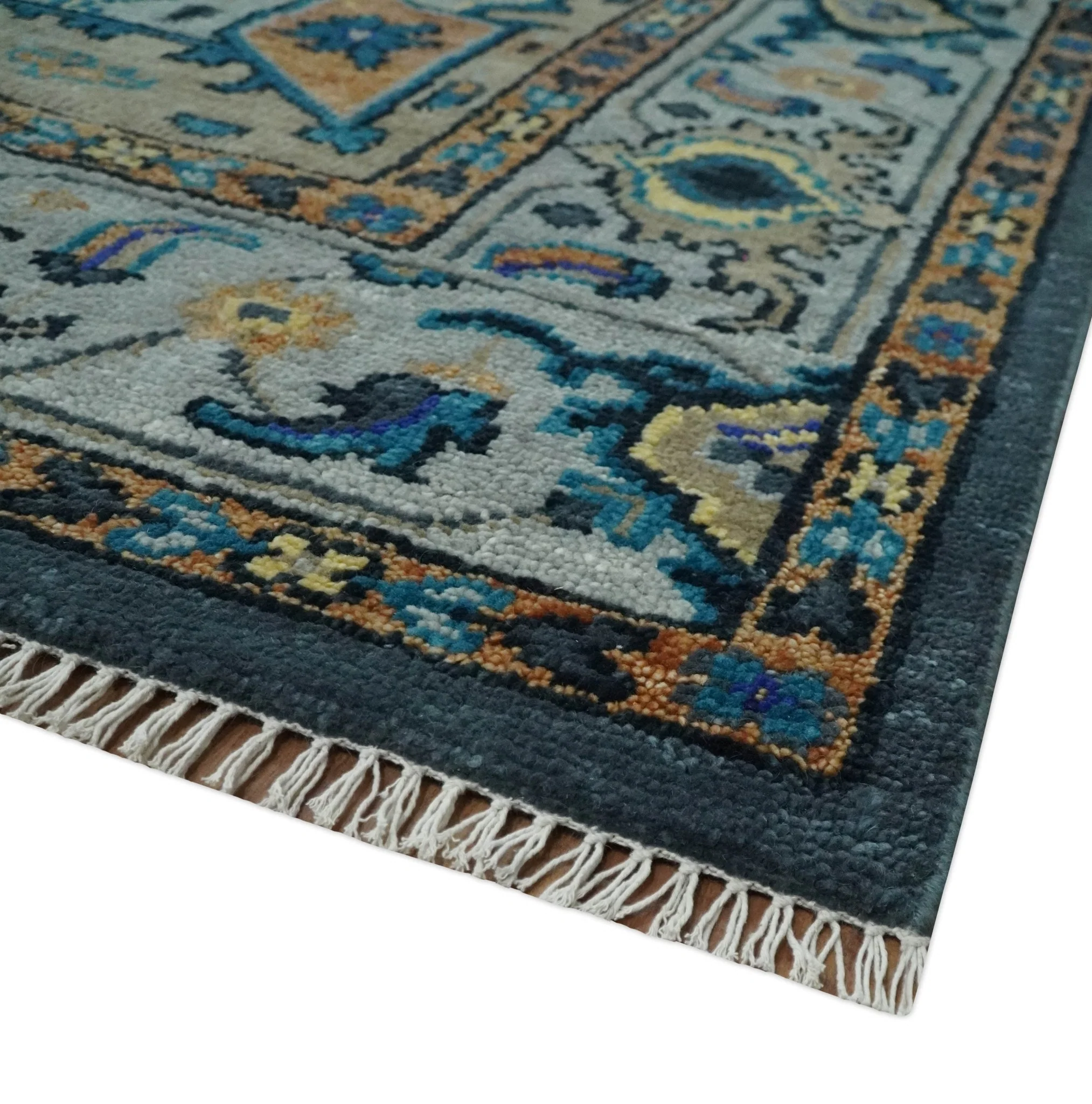 8x10 Blue, Silver and Beige Hand Knotted Traditional Heriz Serapi Wool Area Rug - Image 5