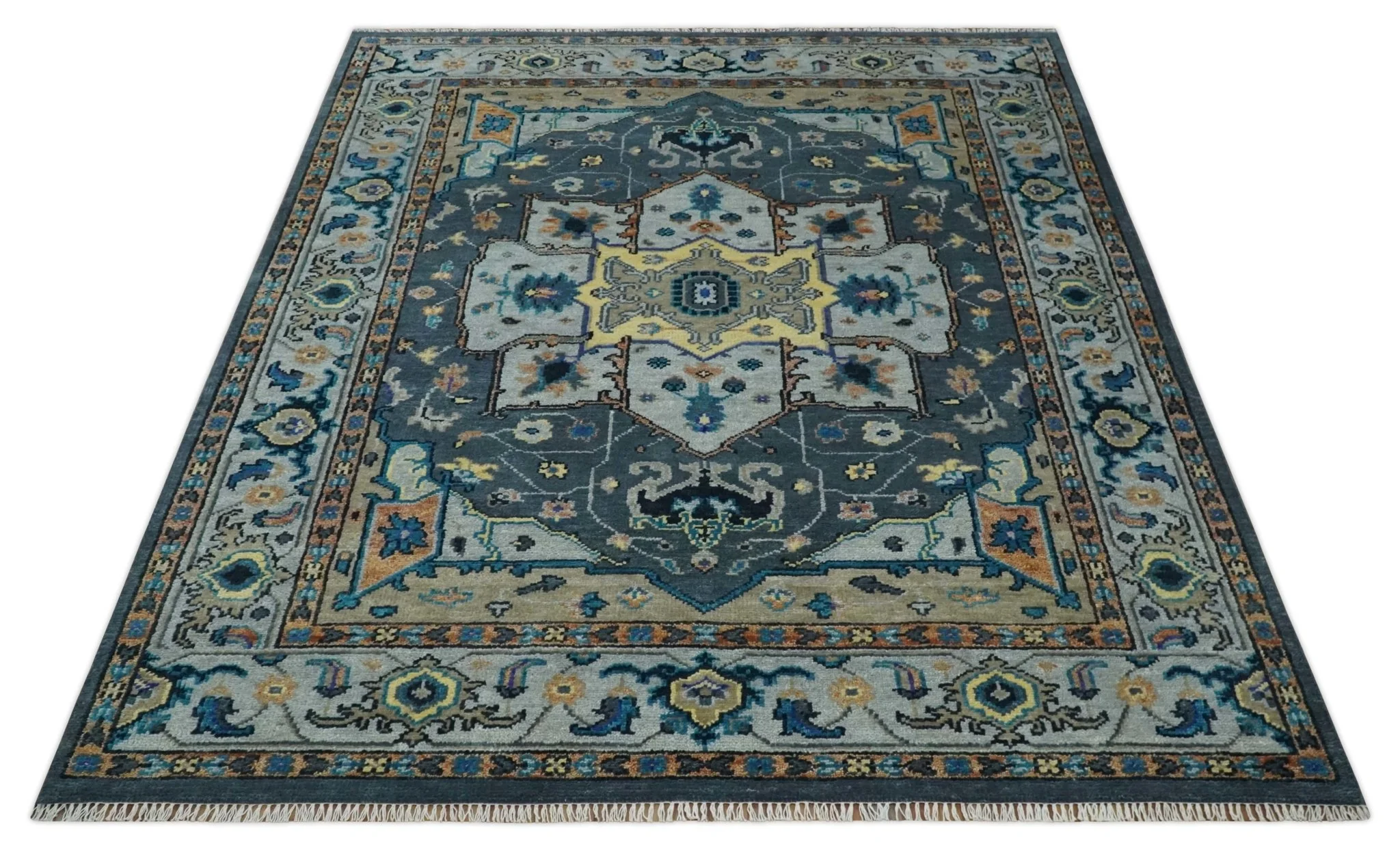 8x10 Blue, Silver and Beige Hand Knotted Traditional Heriz Serapi Wool Area Rug - Image 9