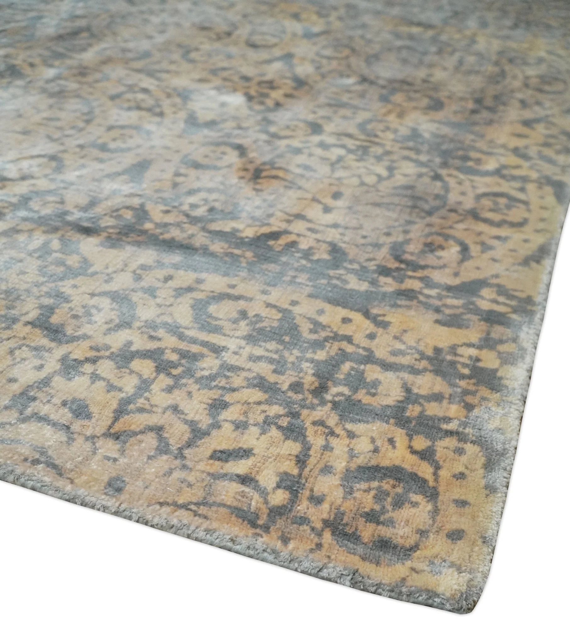 Transitional 8x10 Gray, Camel and Silver Traditional Handmade Art Silk Area Rug - Image 5