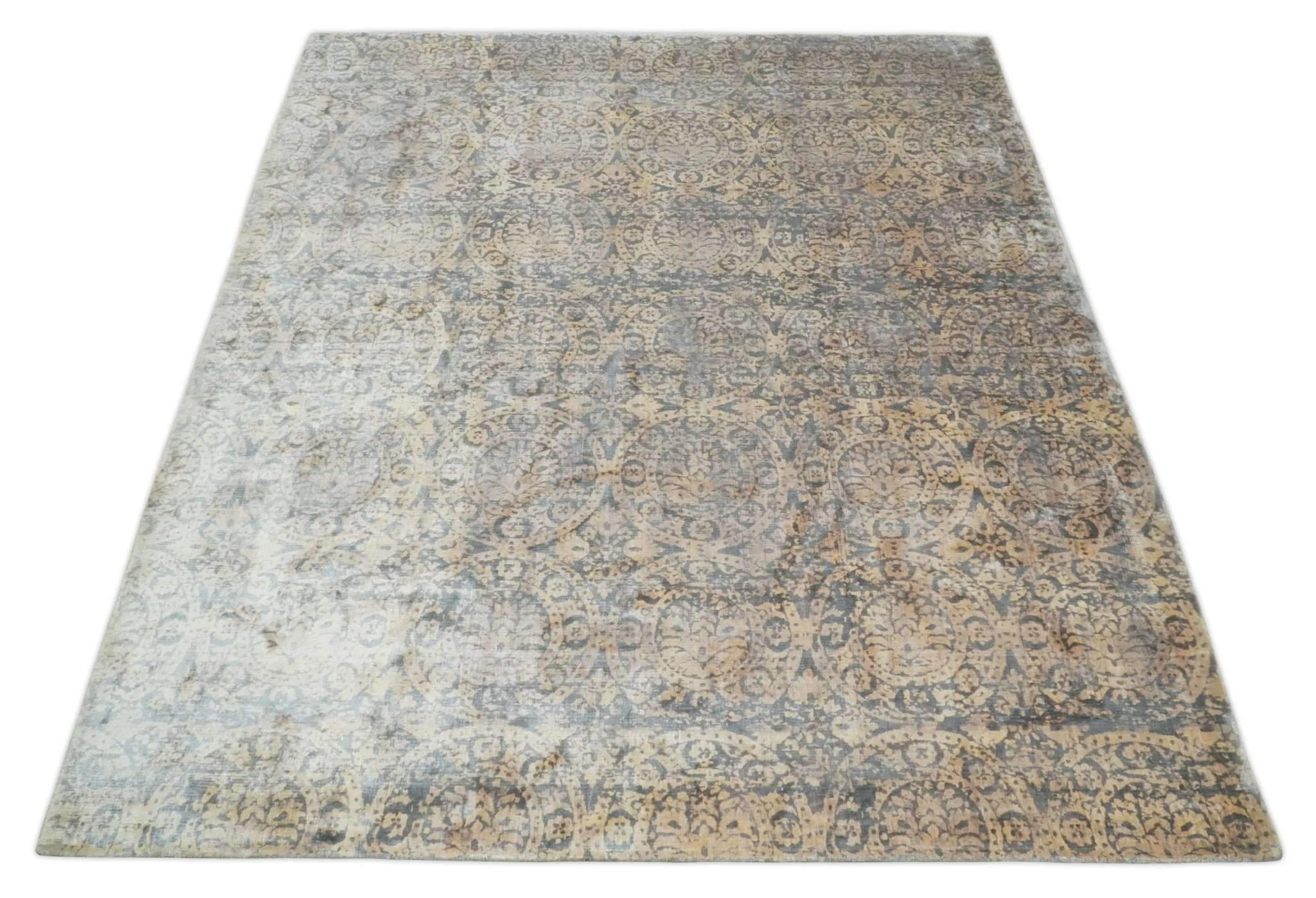 Transitional 8x10 Gray, Camel and Silver Traditional Handmade Art Silk Area Rug - Image 9