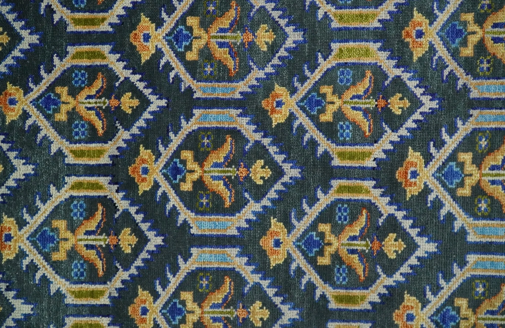 Hand Knotted Blue, Gold and Moss Green Vintage Style Custom Made wool Area Rug - Image 10