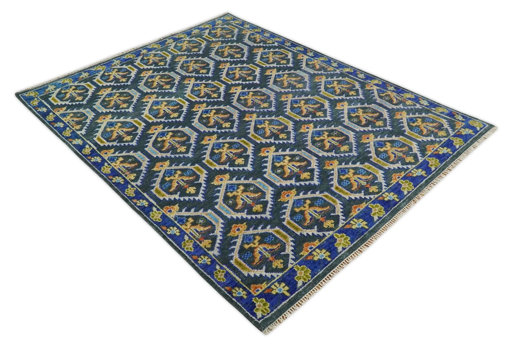 Hand Knotted Blue, Gold and Moss Green Vintage Style Custom Made wool Area Rug - Image 11