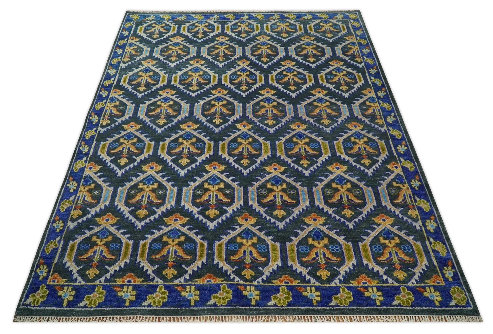 Hand Knotted Blue, Gold and Moss Green Vintage Style Custom Made wool Area Rug - Image 12