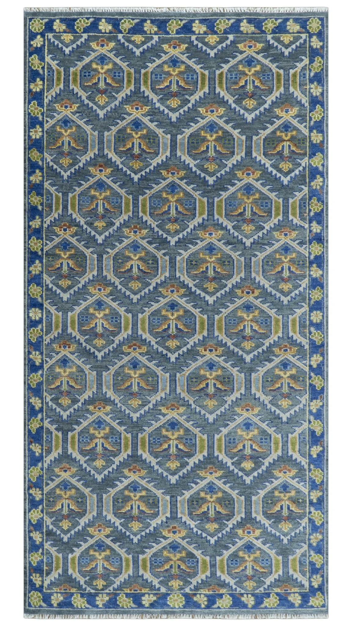 Hand Knotted Blue, Gold and Moss Green Vintage Style Custom Made wool Area Rug - Image 13