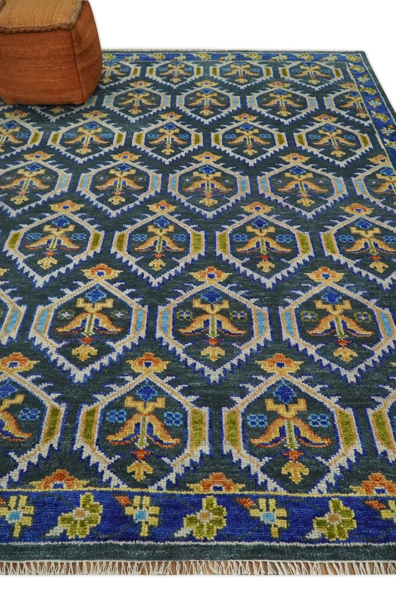 Hand Knotted Blue, Gold and Moss Green Vintage Style Custom Made wool Area Rug - Image 3
