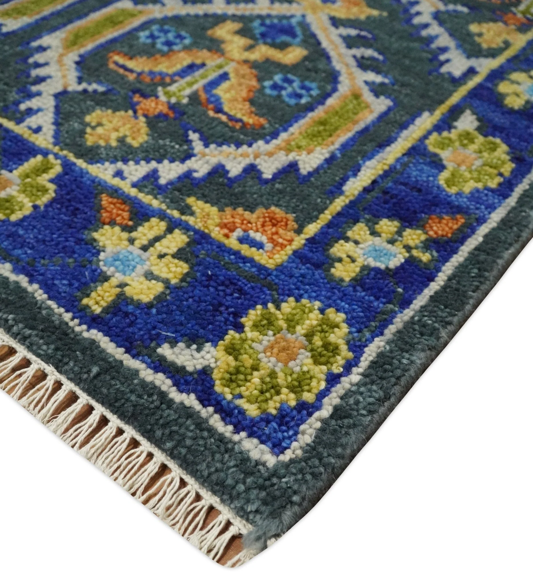 Hand Knotted Blue, Gold and Moss Green Vintage Style Custom Made wool Area Rug - Image 5