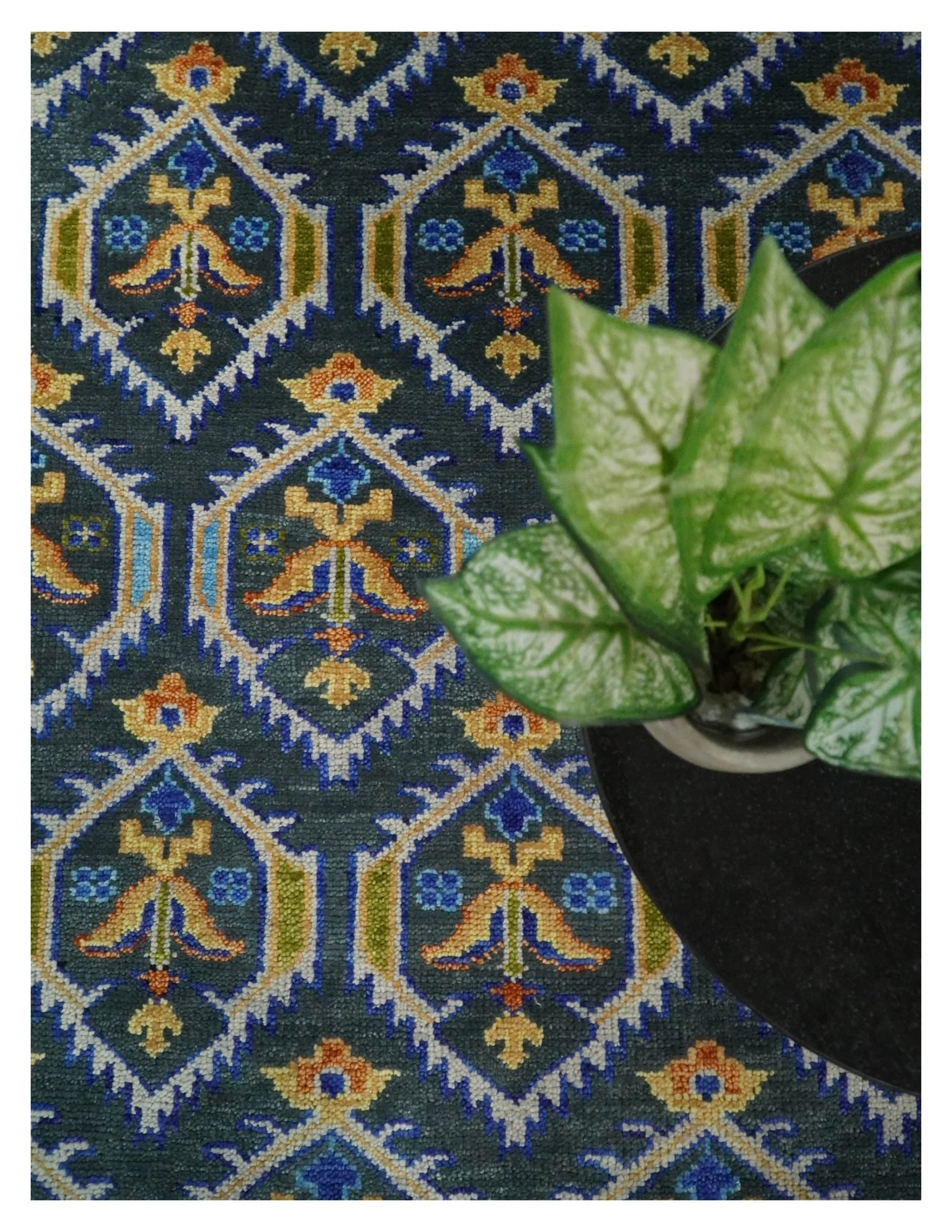 Hand Knotted Blue, Gold and Moss Green Vintage Style Custom Made wool Area Rug - Image 6