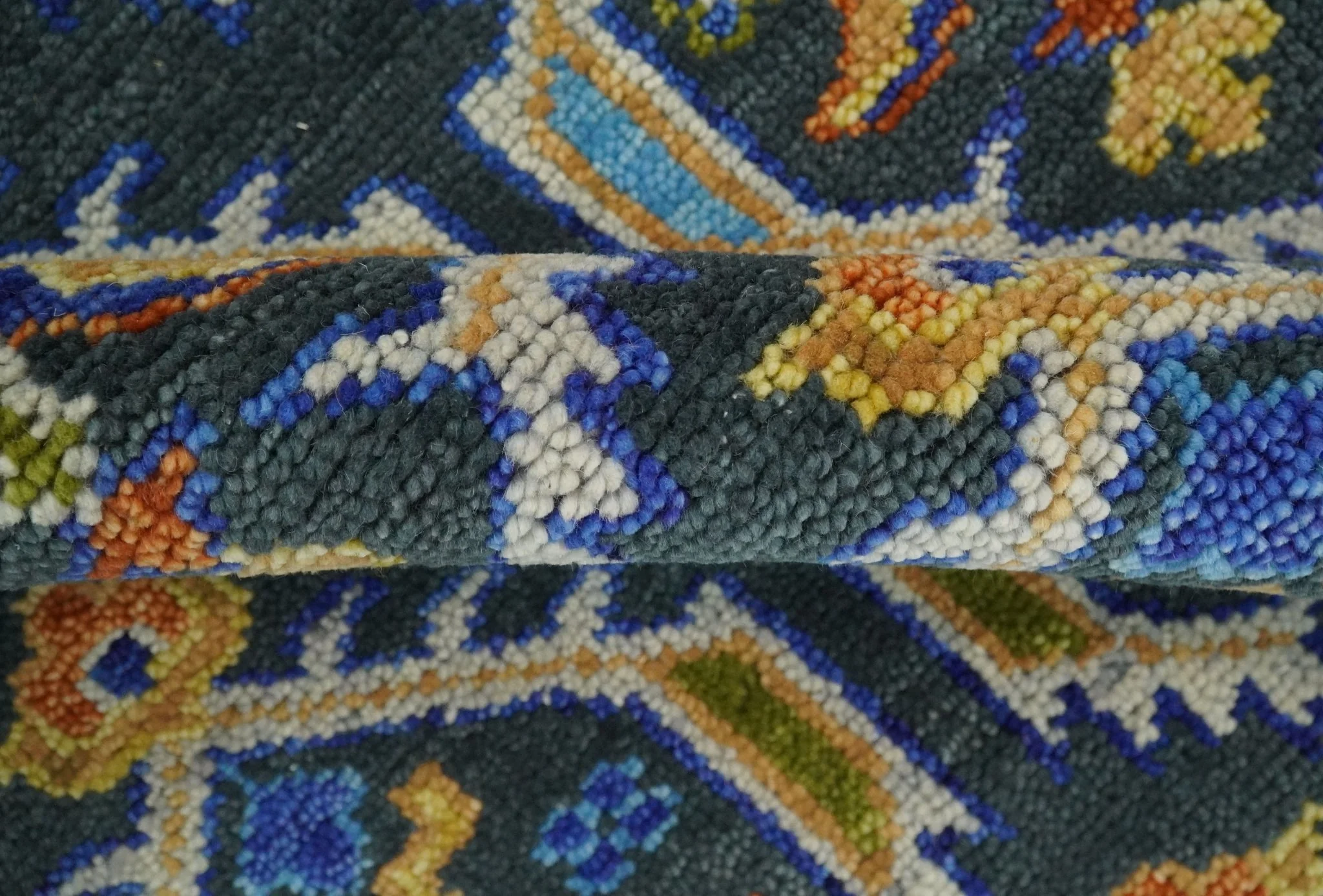 Hand Knotted Blue, Gold and Moss Green Vintage Style Custom Made wool Area Rug - Image 7