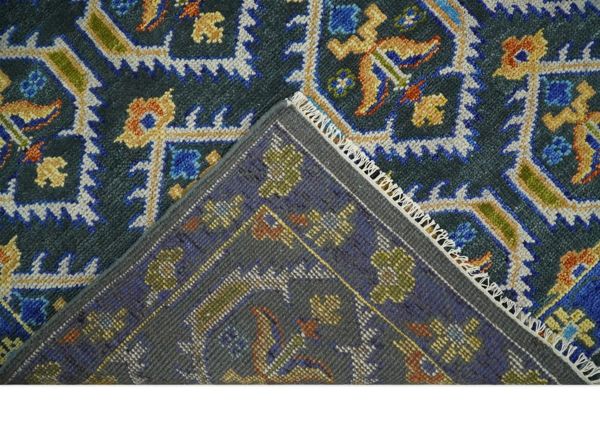 Hand Knotted Blue, Gold and Moss Green Vintage Style Custom Made wool Area Rug - Image 8