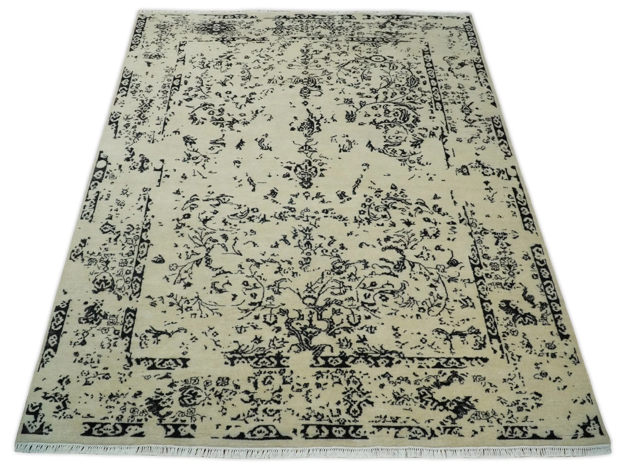 8x10 Fine Hand Knotted Beige and Black Traditional Vintage Persian Antique Wool Rug | AGR35 - Image 10