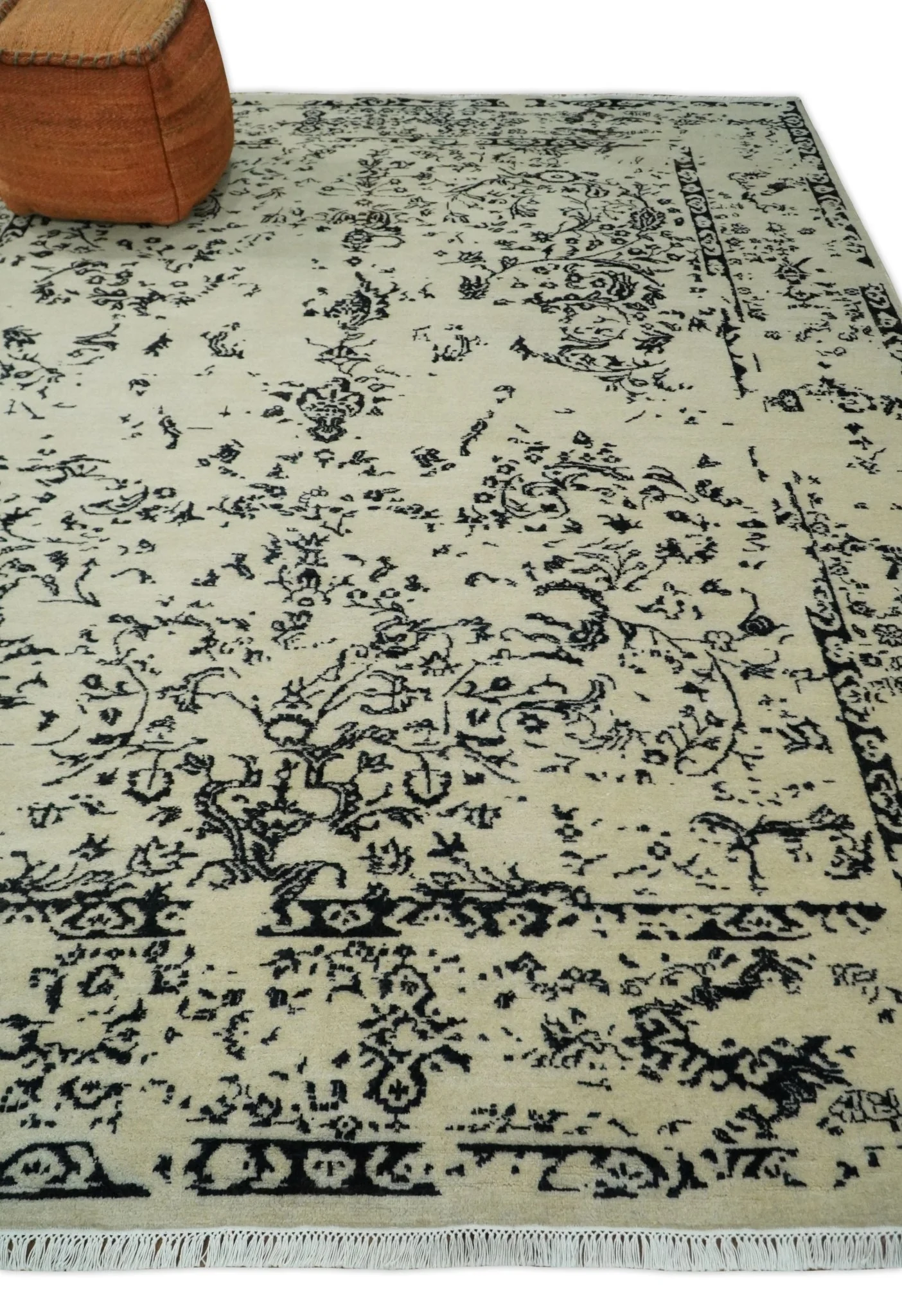 8x10 Fine Hand Knotted Beige and Black Traditional Vintage Persian Antique Wool Rug | AGR35 - Image 3