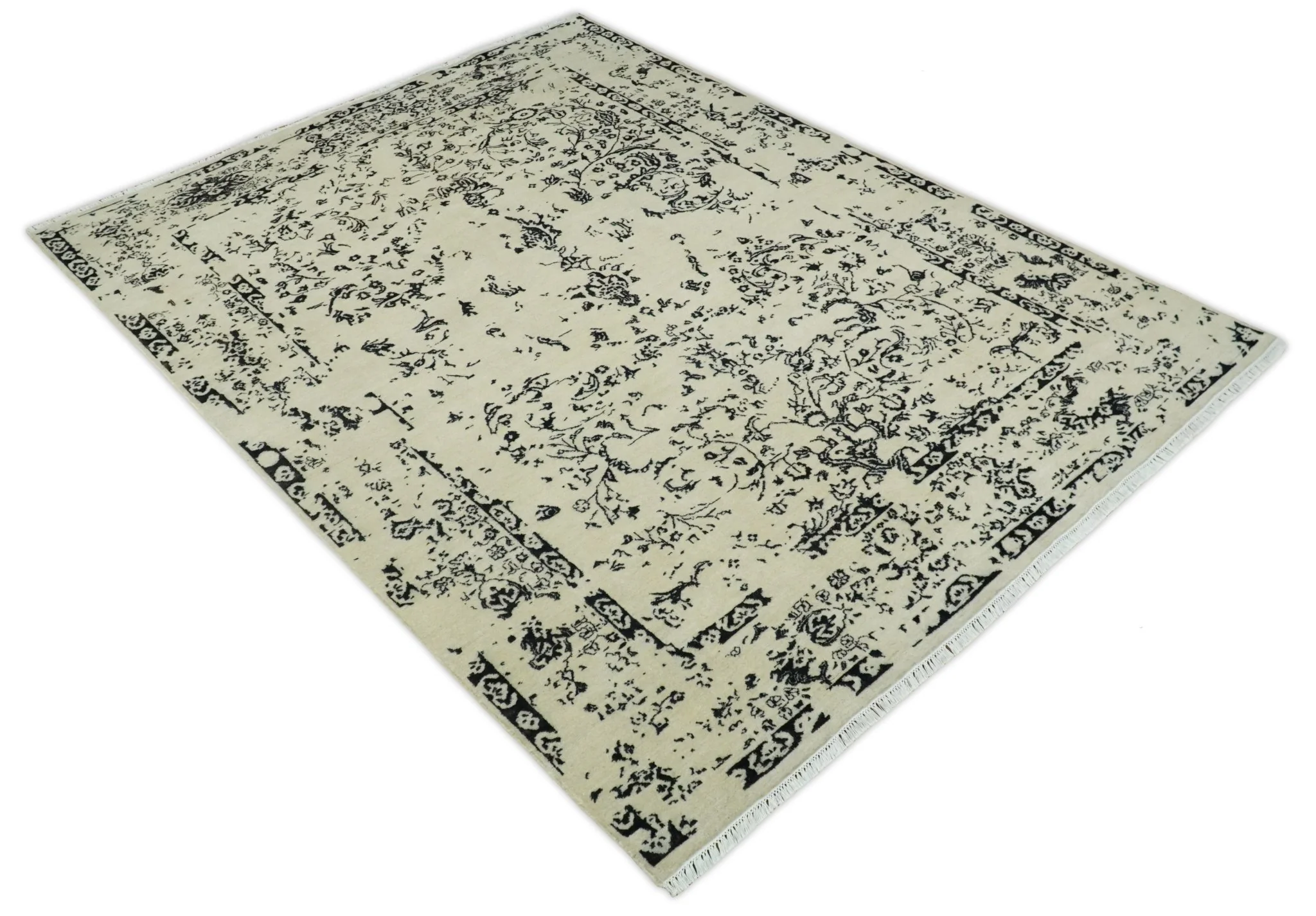 8x10 Fine Hand Knotted Beige and Black Traditional Vintage Persian Antique Wool Rug | AGR35 - Image 9