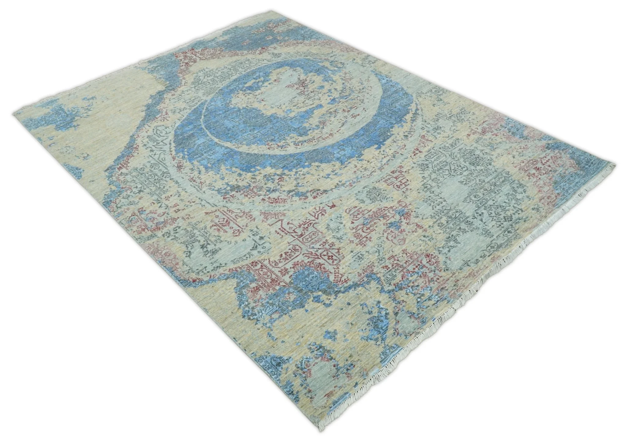 8x10 Fine Hand Knotted Beige and Blue Modern Abstract Style Antique Wool and Silk Area Rug | AGR37 - Image 10