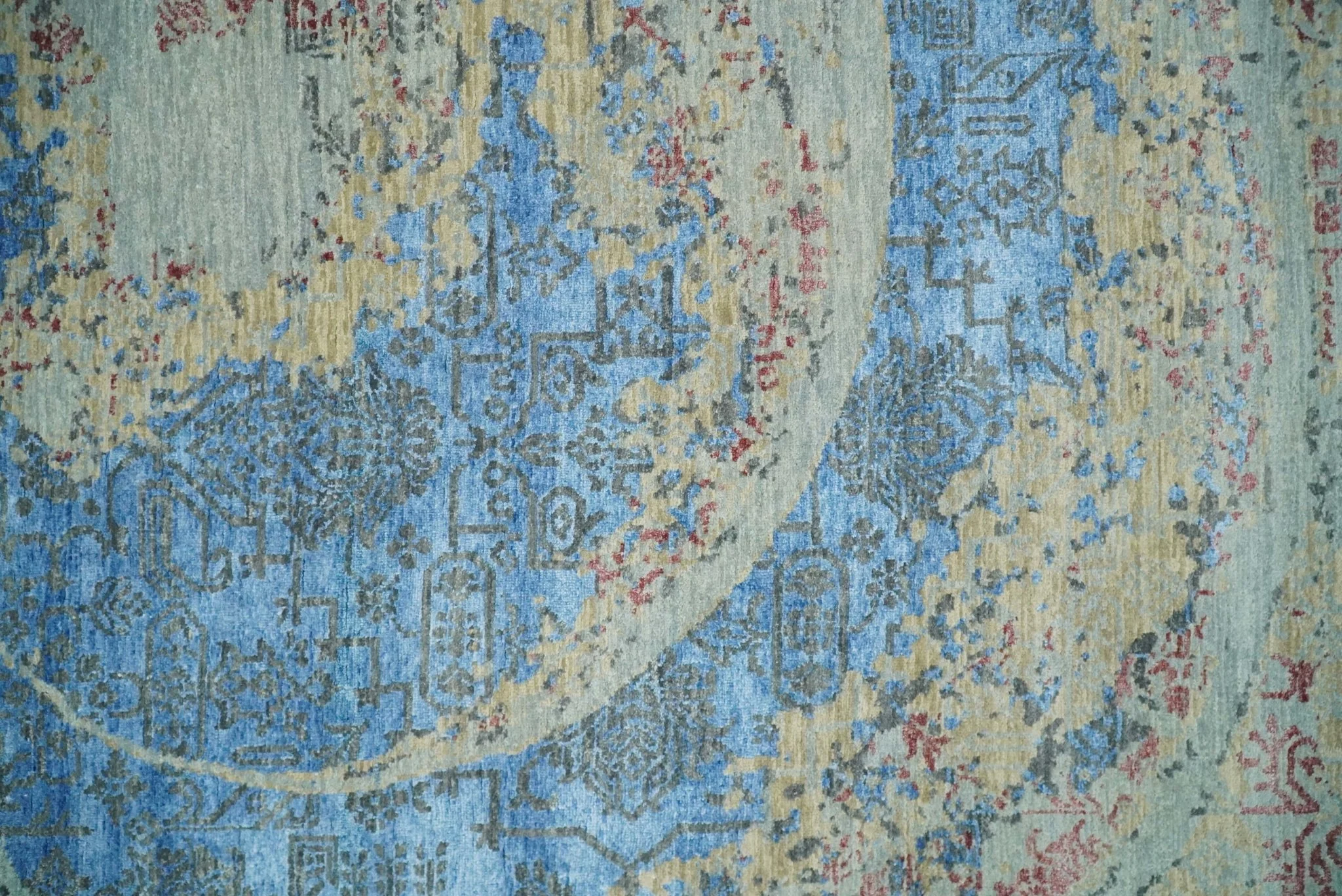 8x10 Fine Hand Knotted Beige and Blue Modern Abstract Style Antique Wool and Silk Area Rug | AGR37 - Image 12