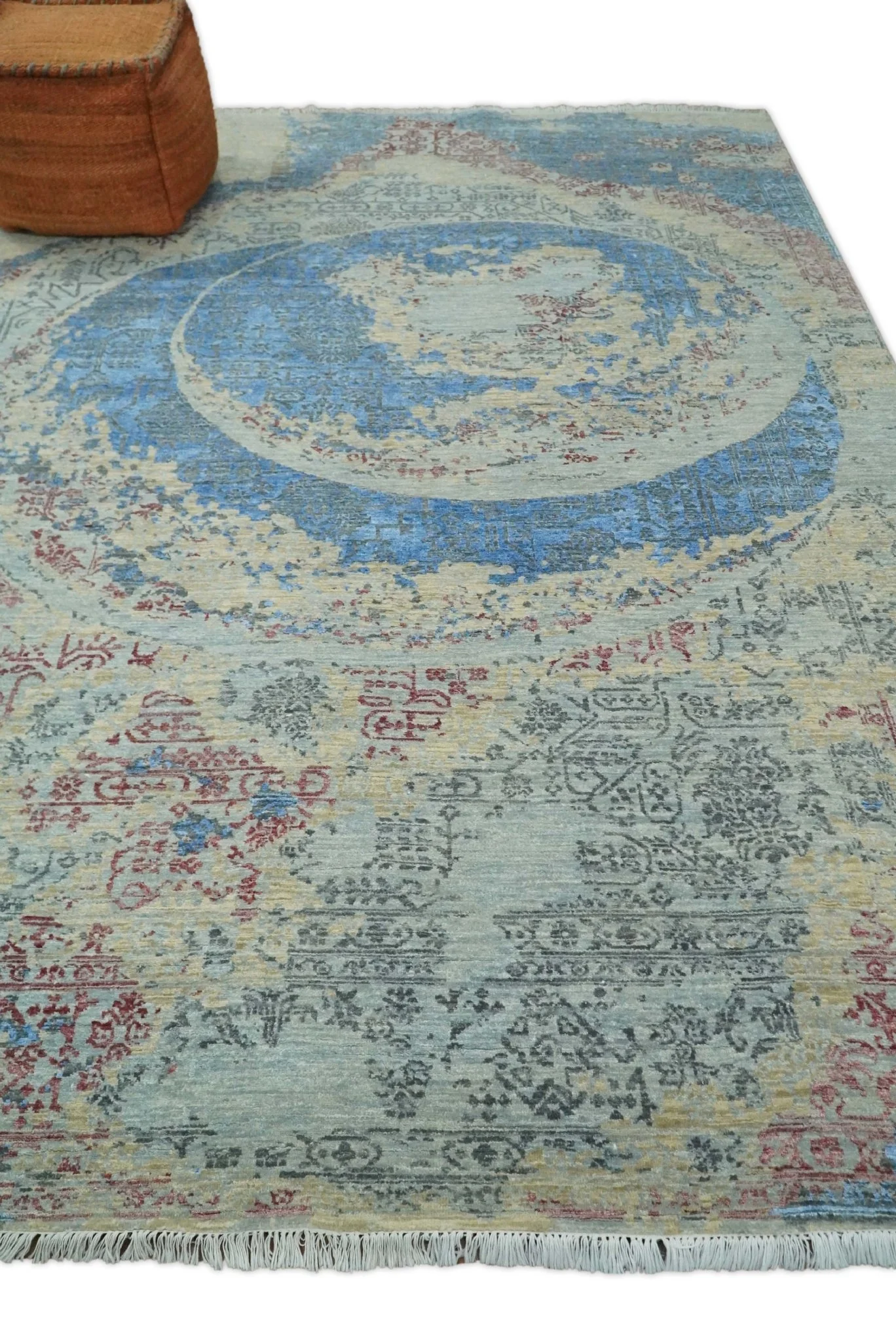 8x10 Fine Hand Knotted Beige and Blue Modern Abstract Style Antique Wool and Silk Area Rug | AGR37 - Image 2